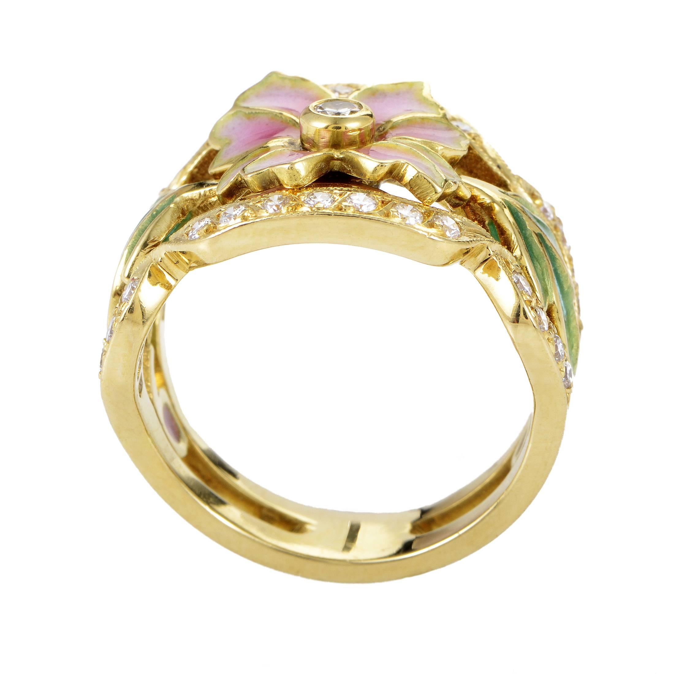 Realistically translating the enchanting beauty of flowers and leaves onto your finger through exceptional use of enamel, this spellbinding ring from Masriera is made of 18K yellow gold and embellished also with 0.65ct of precious diamonds.
Ring