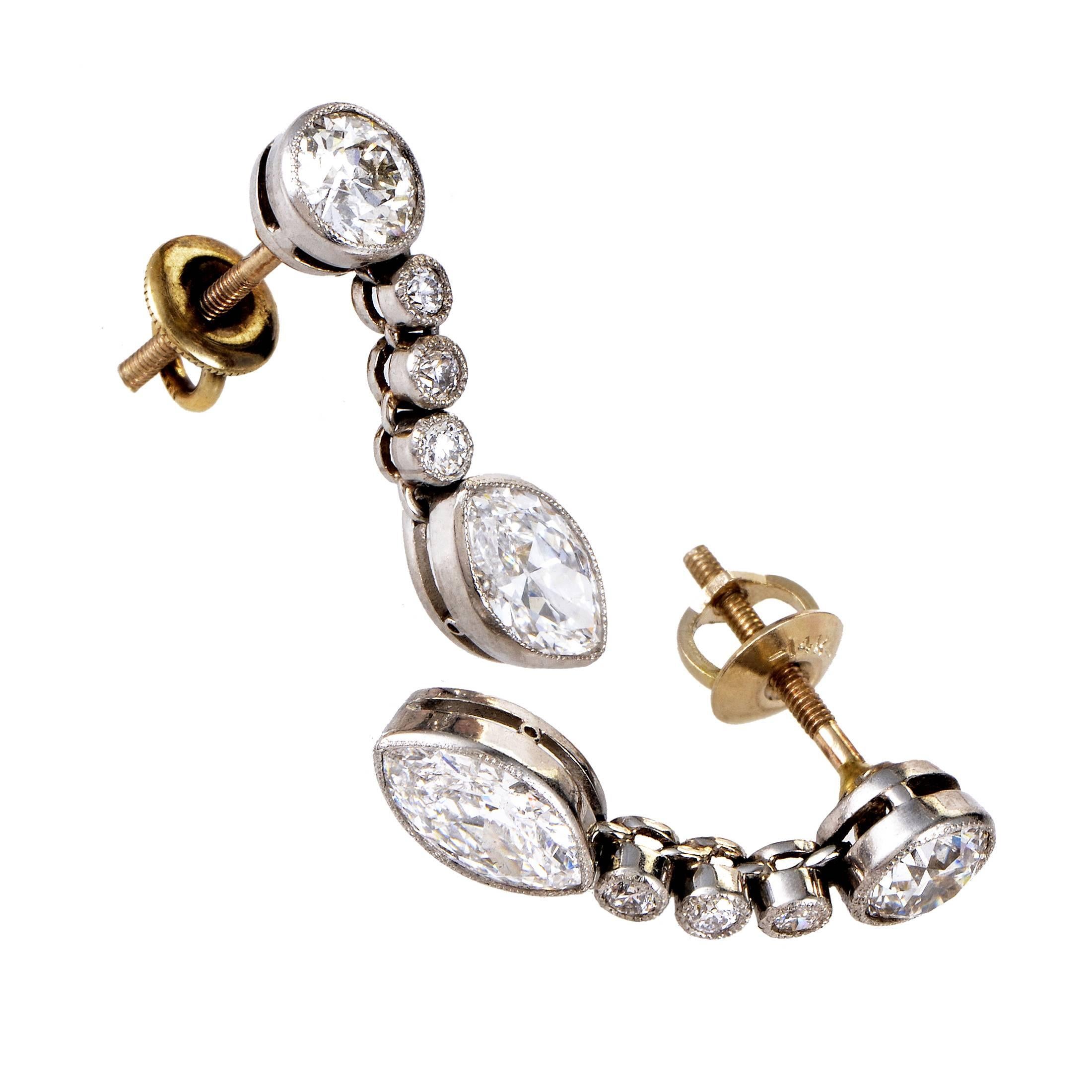 Art Deco 1920s Elegant Marquise Diamond Platinum Drop Earrings