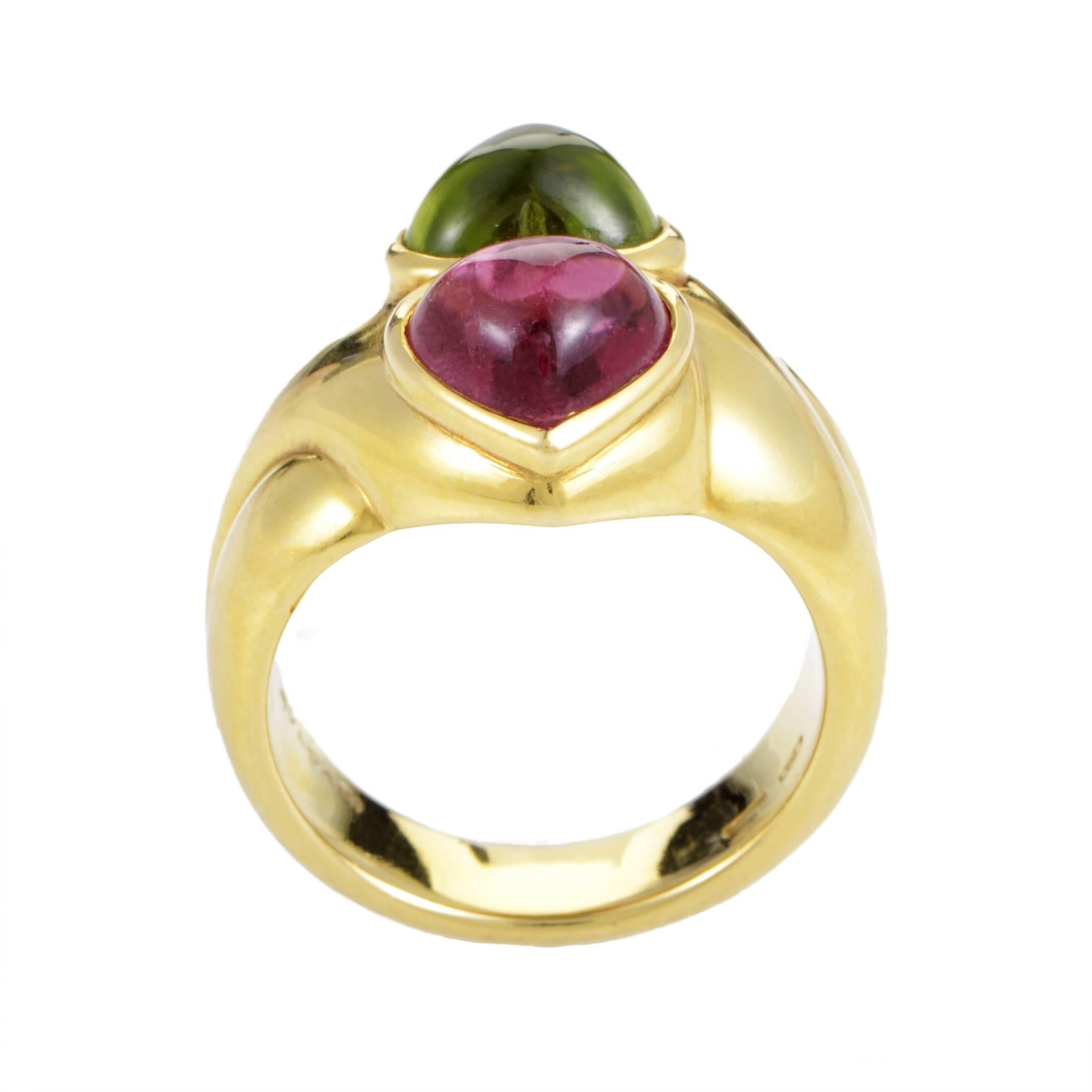 Tastefully combining the charming vivacious colors of adorable pink tourmaline and splendid peridot stone against the fabulously radiant tone of 18K yellow gold, this gorgeous ring from Bvlgari offers a stunning look in the brand's distinctive