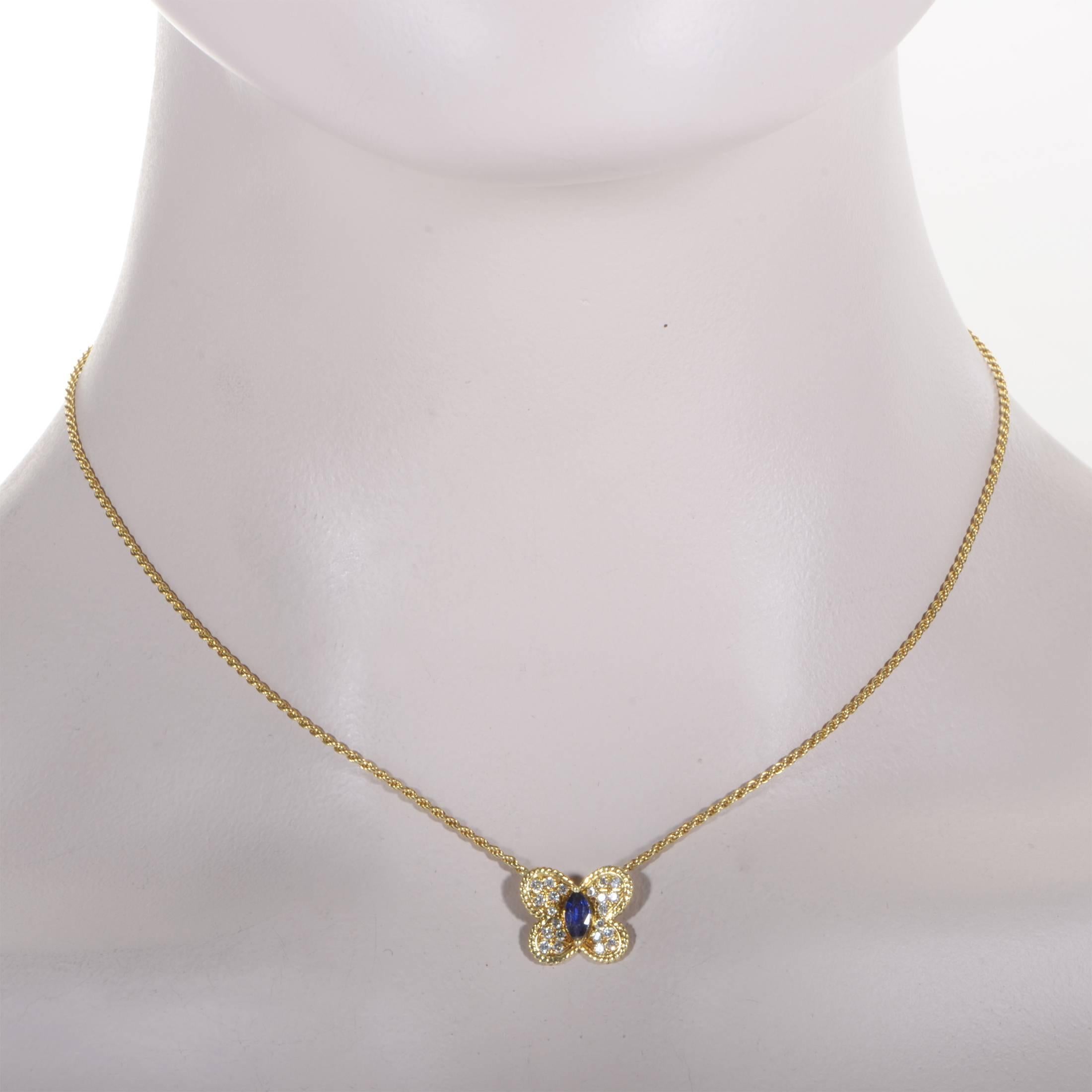 The ever-charming motif of a gorgeous butterfly is presented in this exuberant necklace from Graff in radiant 18K yellow gold adorned with glittering diamonds amounting to 0.40ct, while a stunning sapphire weighing 0.30ct is placed at the center of