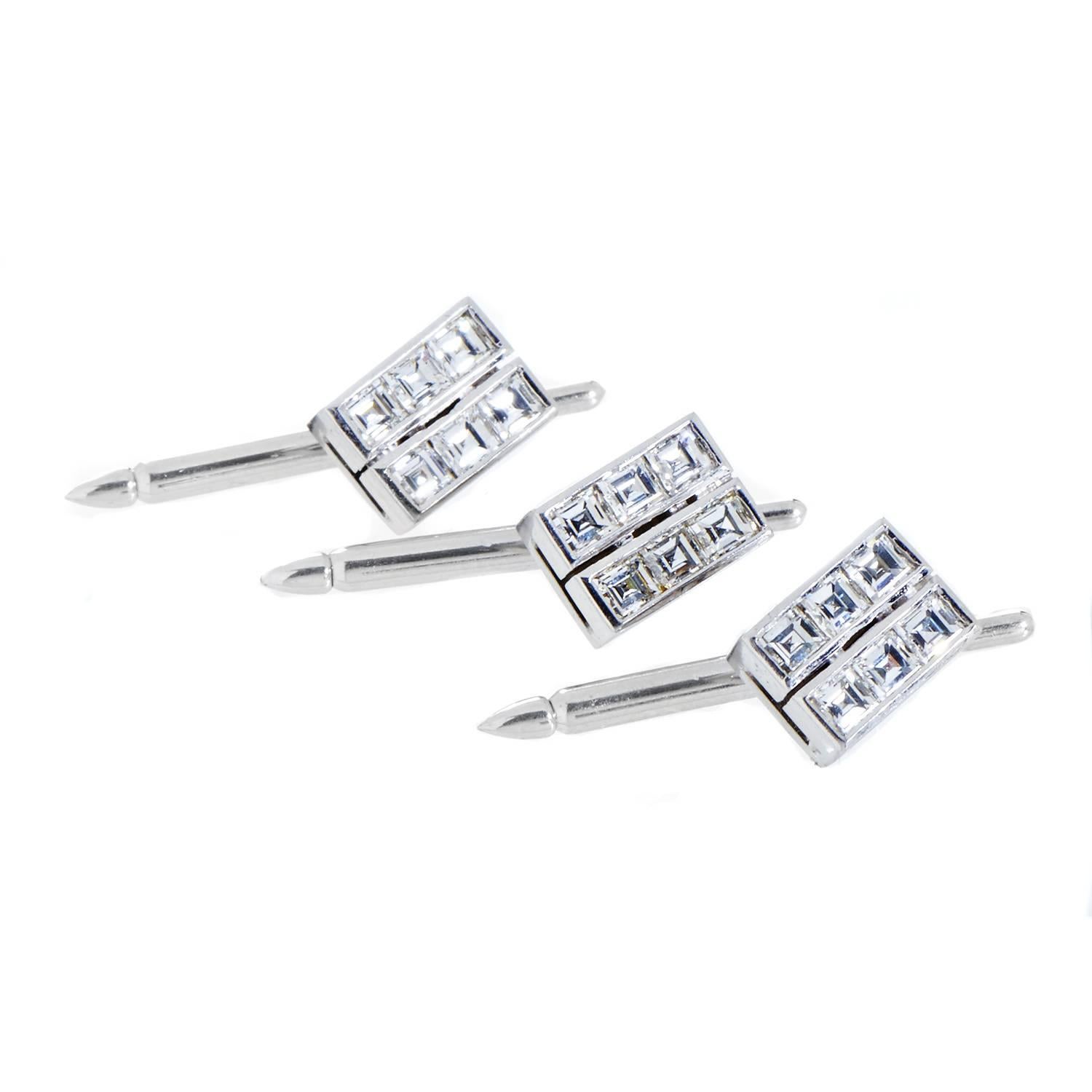 The neat shape and resplendent G-color diamonds of VS clarity weighing in total approximately 4.50 carats provide striking allure in this splendid tuxedo set comprised of cufflinks and three shirt pins, made of gleaming 18K white gold and offering