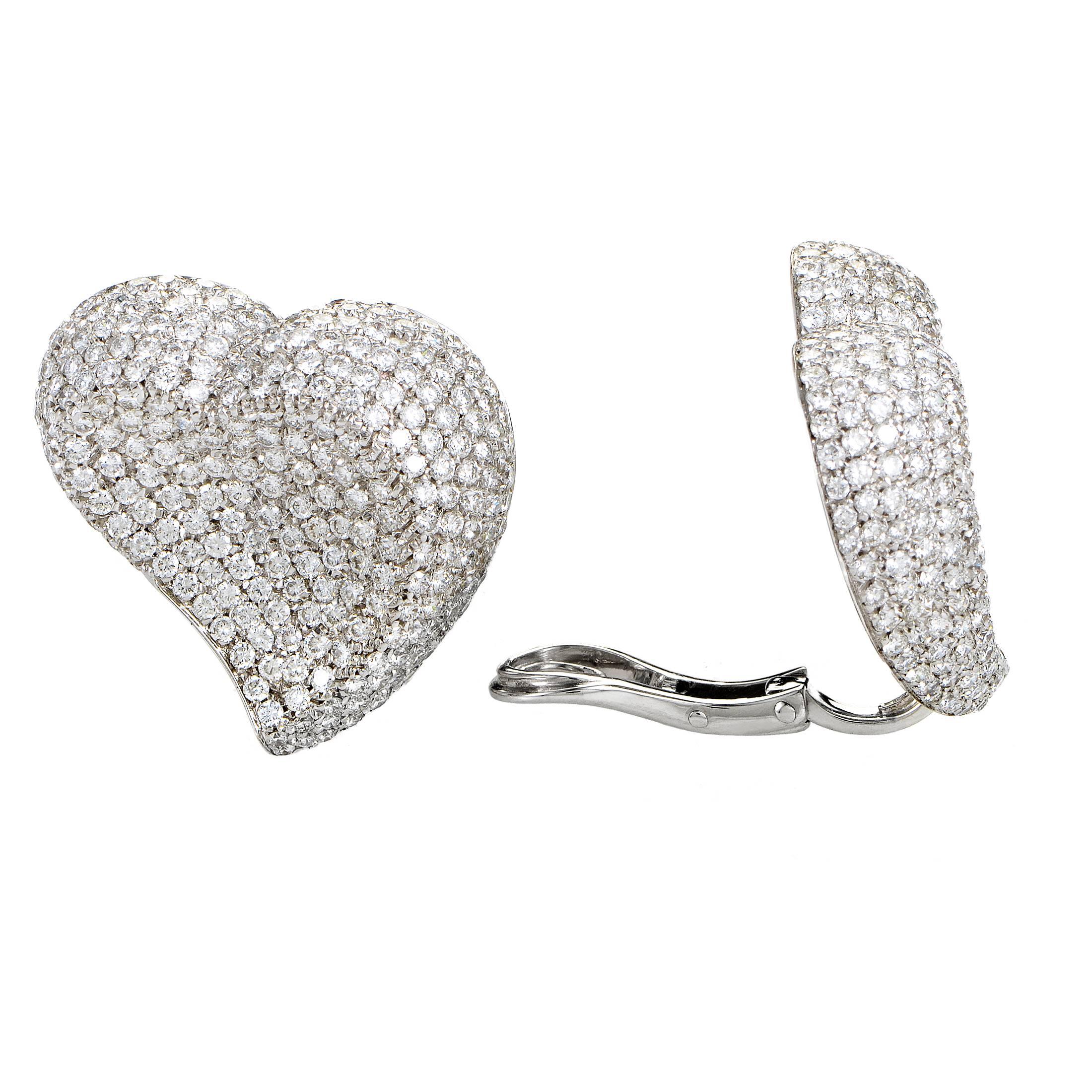 Diamond Micro Pave Gold Clip-On Heart Earrings In Excellent Condition In Southampton, PA