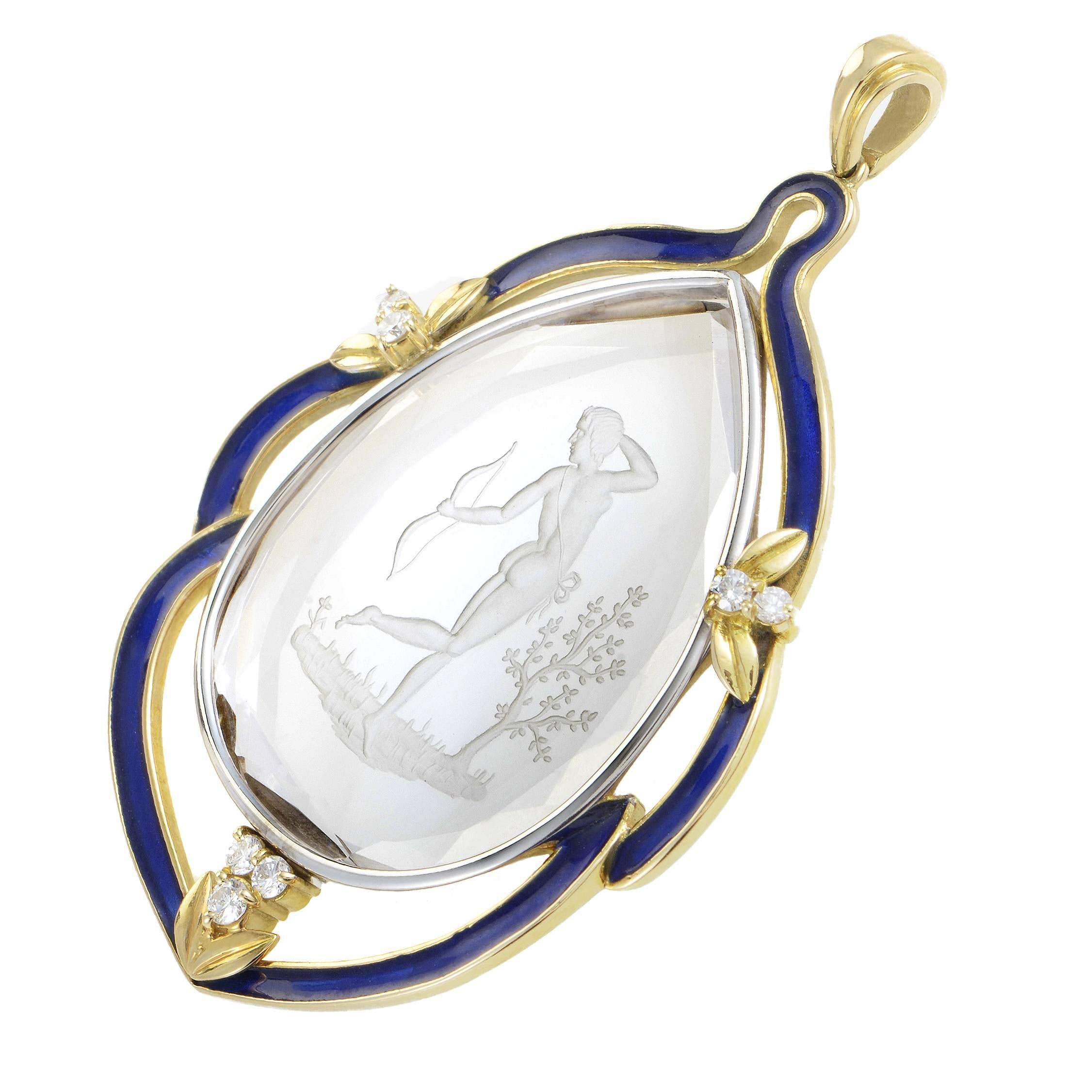 Boasting attractive blue enamel against radiant 18K yellow gold with 0.25ct of glistening diamonds set upon 18K white gold to enrich the sight, this outstanding pendant focuses the attention on the splendid clarity of the crystal and the wonderful