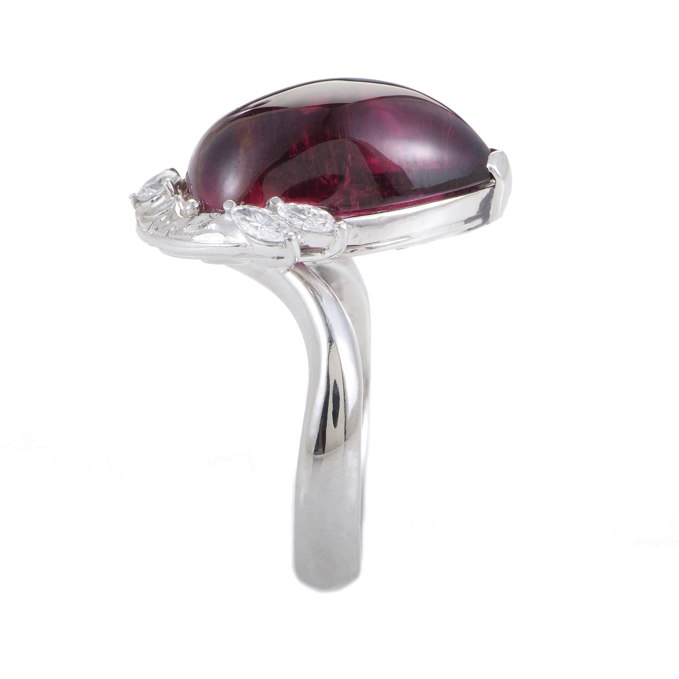 Pink Tourmaline Cabochon Diamond Platinum Ring In Excellent Condition In Southampton, PA