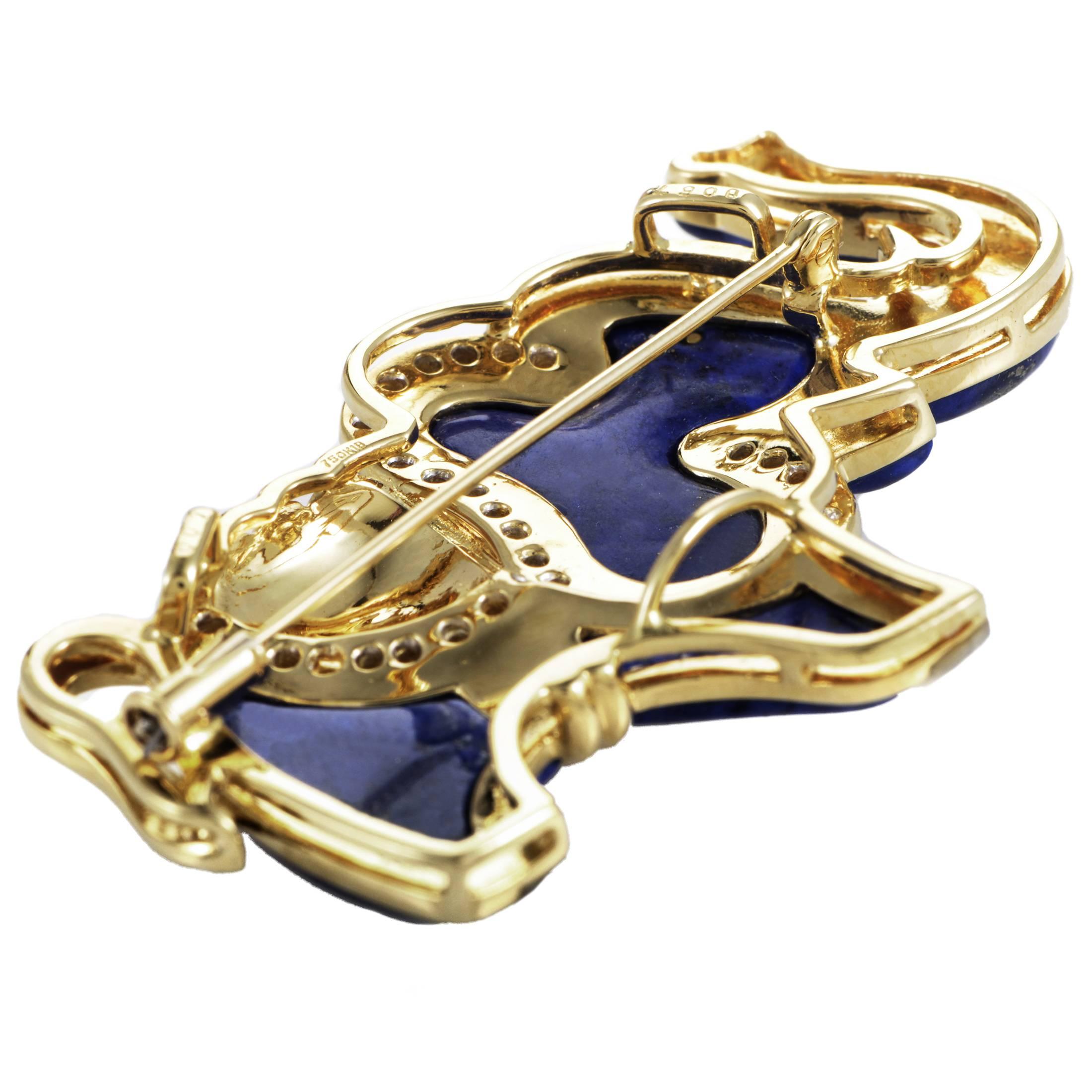 With splendid mother of pearl in place of marvelous ivory and a striking ruby as a piercing eye, this enchanting brooch in the shape of an elephant is made of 18K yellow gold and wonderful lapis lazuli, while sparkling diamonds totaling 0.45ct add a