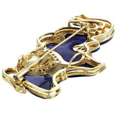 Precious Gemstone Lapis Diamond Gold Elephant Brooch