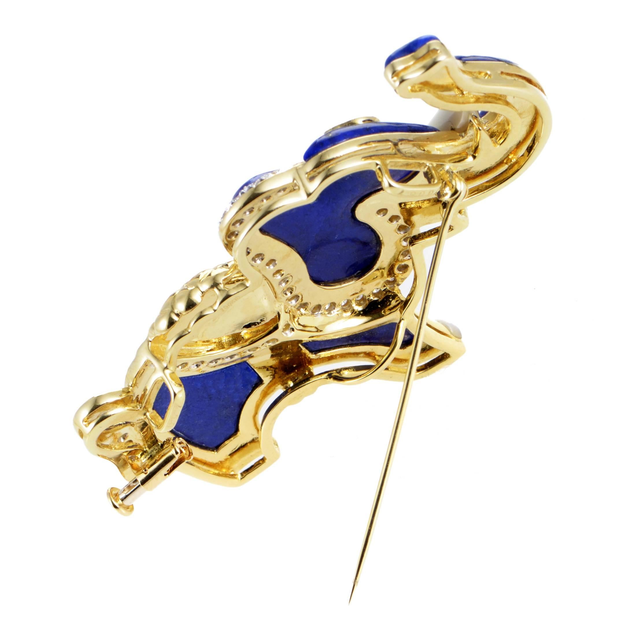 Precious Gemstone Lapis Diamond Gold Elephant Brooch In Excellent Condition In Southampton, PA