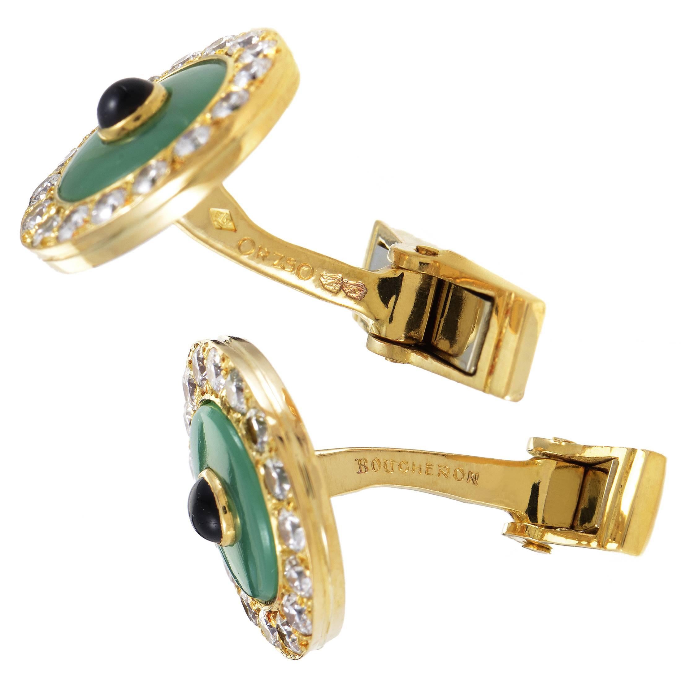 From the striking central onyx stones onto the pleasant and contrasting green and finally onto the resplendent diamonds weighing in total 1.00 carat, these outstanding 18K yellow gold cufflinks from Boucheron tastefully combine diverse