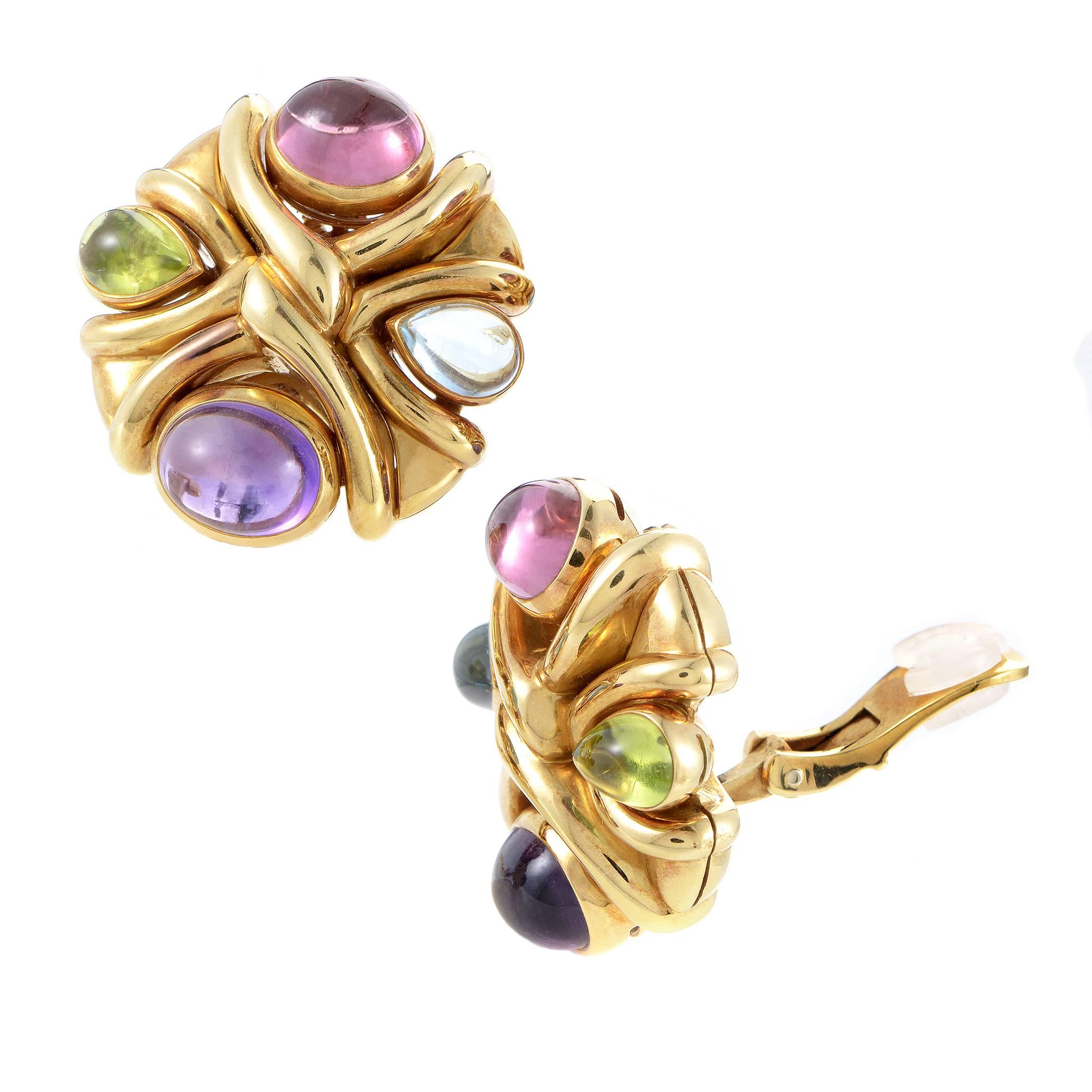 A vivacious and spellbinding blend of diversely colored gems is complemented brilliantly by the intriguingly shaped and impeccably finished 18K yellow gold in these enchanting earrings from Bulgari that boast amethysts and pink tourmalines as well