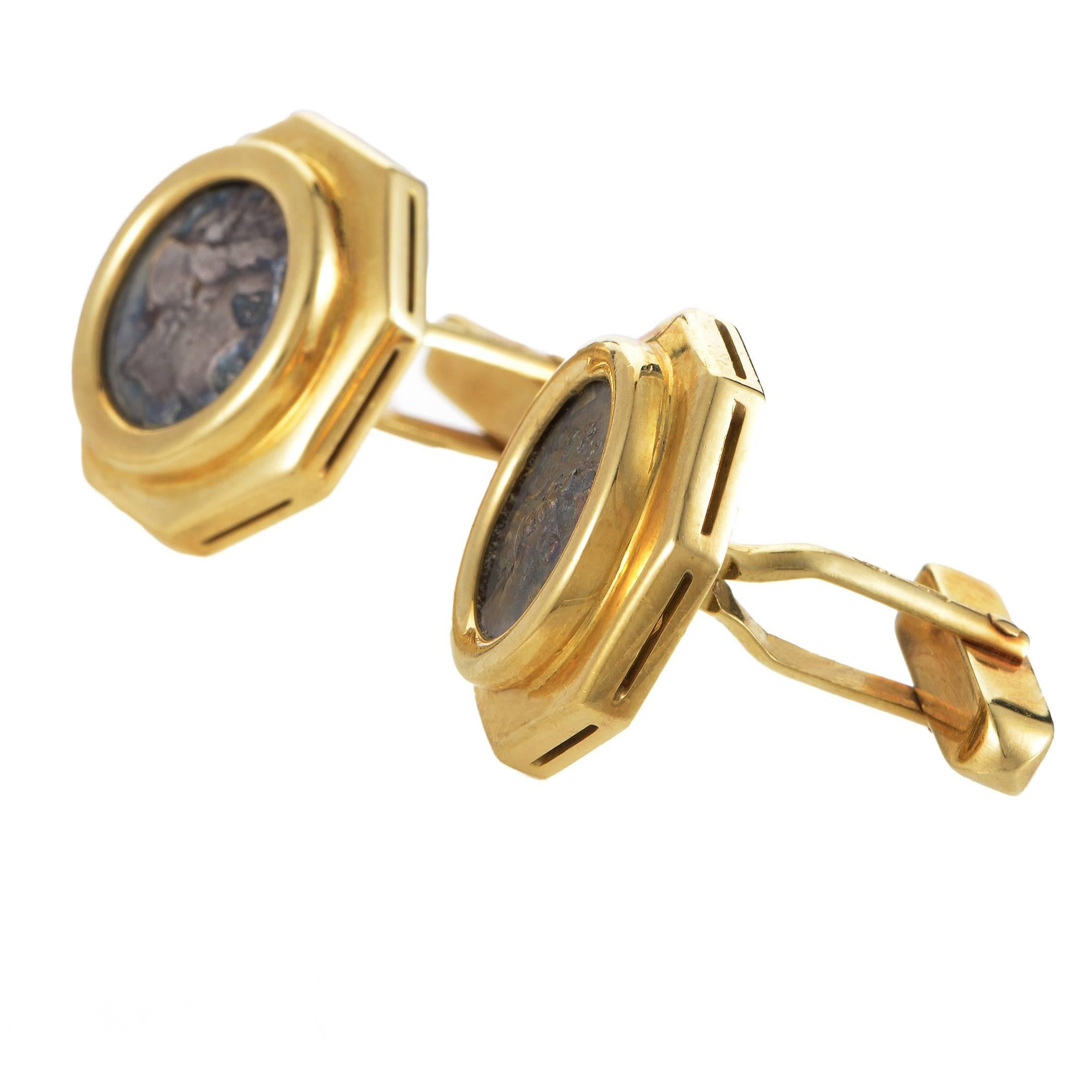 For a touch of history and a sight of elegance on your wrist, these splendid cufflinks from Bulgari are made of exquisitely crafted 18K yellow gold and boast ancient coins for an intriguing effect.
Included Items: Manufacturer's Box