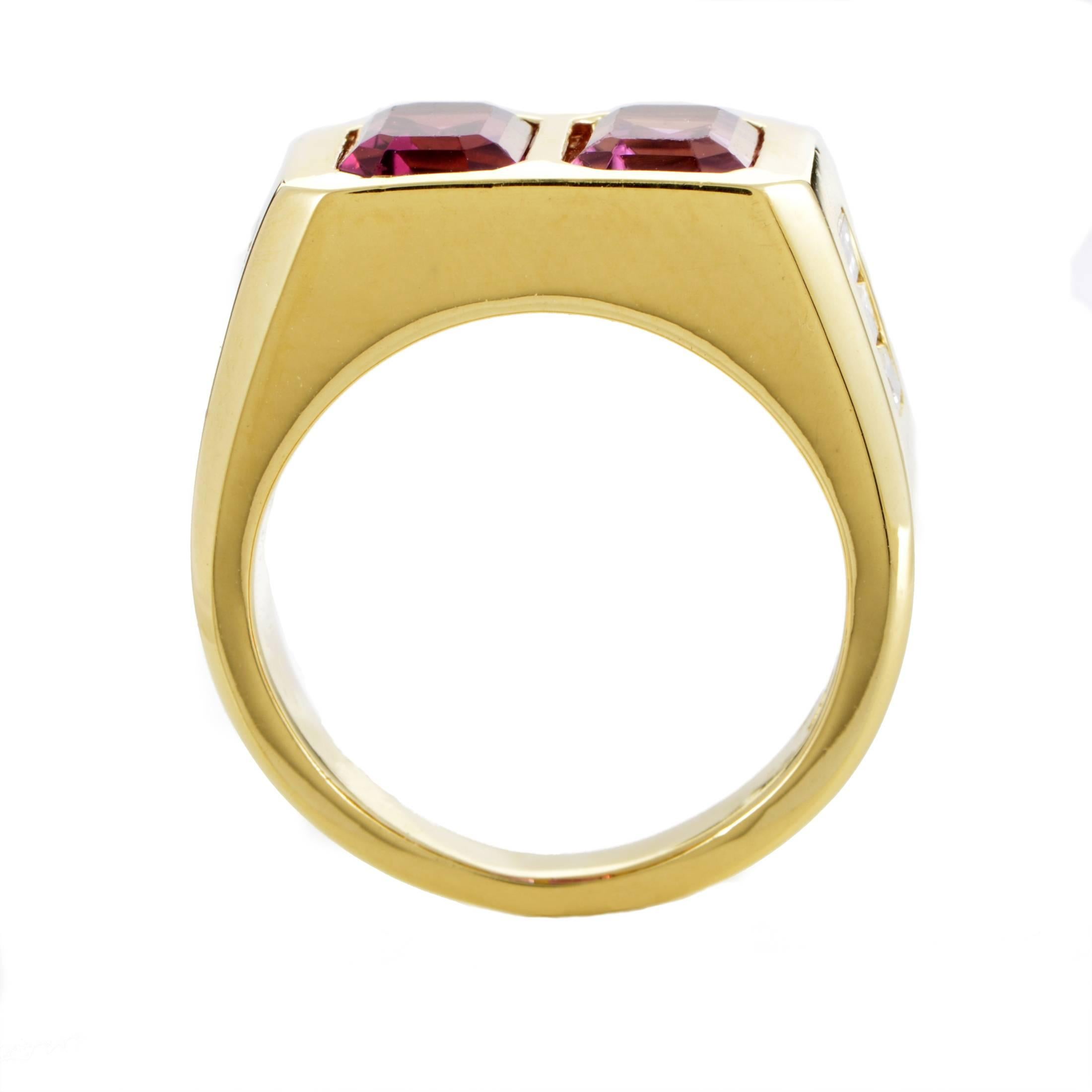 The neat shape and impeccable polish of the 18K yellow gold body are matched perfectly by the expertly cut and contrasting pink tourmalines as well as stunning diamonds totaling 0.40ct in this outstanding ring from Bulgari.
Ring Size: 5.0