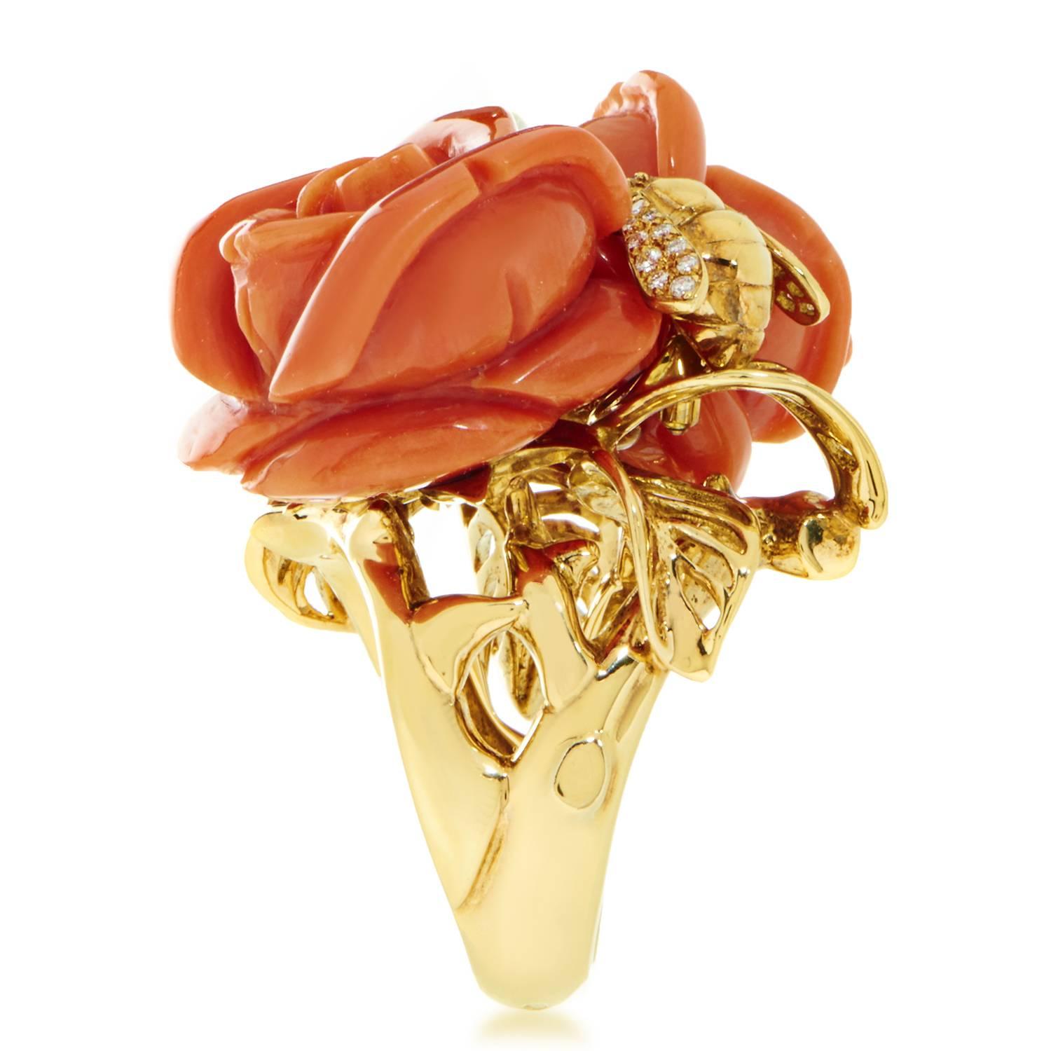 Employing the enchanting coral stones and sublime expertise to create majestically realistic depictions of spellbinding roses upon intricately ornamented 18K yellow gold, Dior present this extraordinary ring from the Rose Dior Pré Catelan
