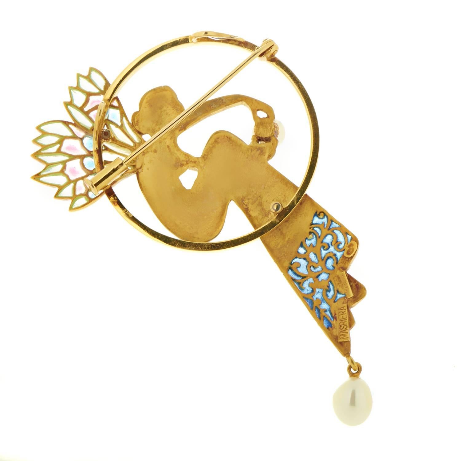 Fabulously realistic and expertly crafted, this magnificent brooch from Masriera is made of radiant 18K yellow gold in the shape of a beautiful fairy, with an angelic pearl in her hands and colorful enamel upon her graceful wings and dress.