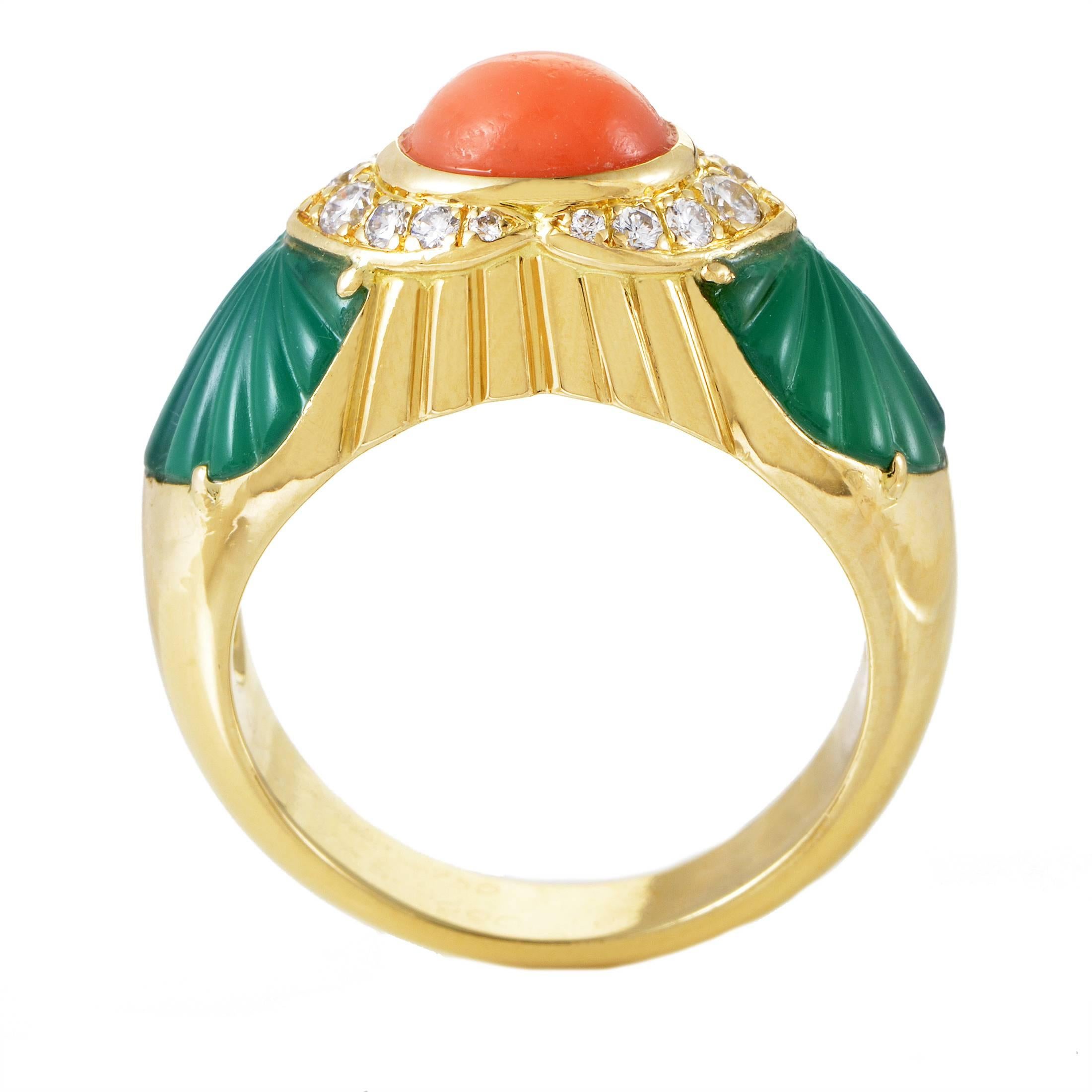 Tastefully complemented by the luxuriously sparkling diamonds and pleasant chrysoprase stones on its sides, the stunning coral stone is the central spot of this fabulous ring from Cartier which is made of excellently crafted 18K yellow gold.
Ring