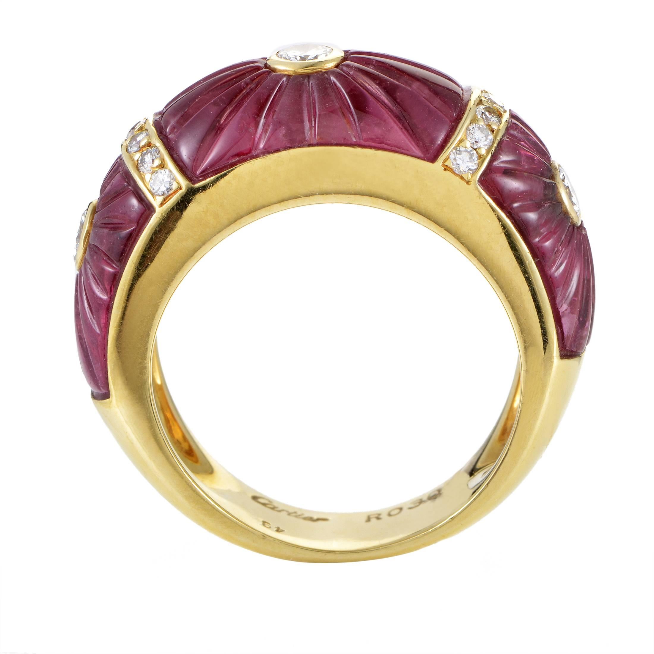Exuding their prestigious brilliance against the captivating color and appealing shape of the gorgeous tourmalines, lustrous diamonds weighing in total 0.44ct produce a scintillating allure in this astonishing 18K yellow gold ring from