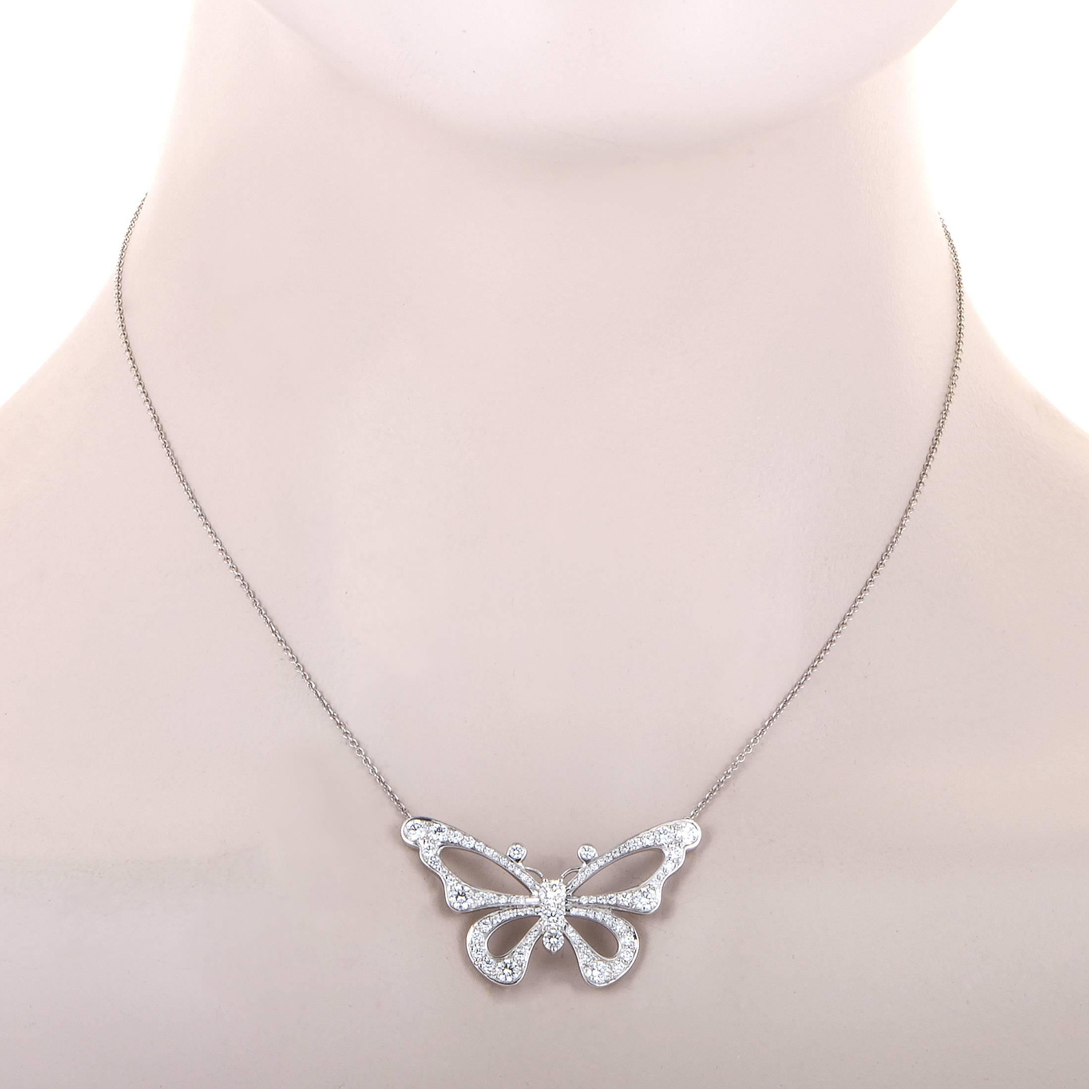 A gracefully minimalistic and elegantly harmonious interpretation of the fabulous butterfly motif, the pendant of this astonishing necklace from the Enchant collection by Tiffany & Co. is embellished with charming diamonds totaling 1.60 carats that