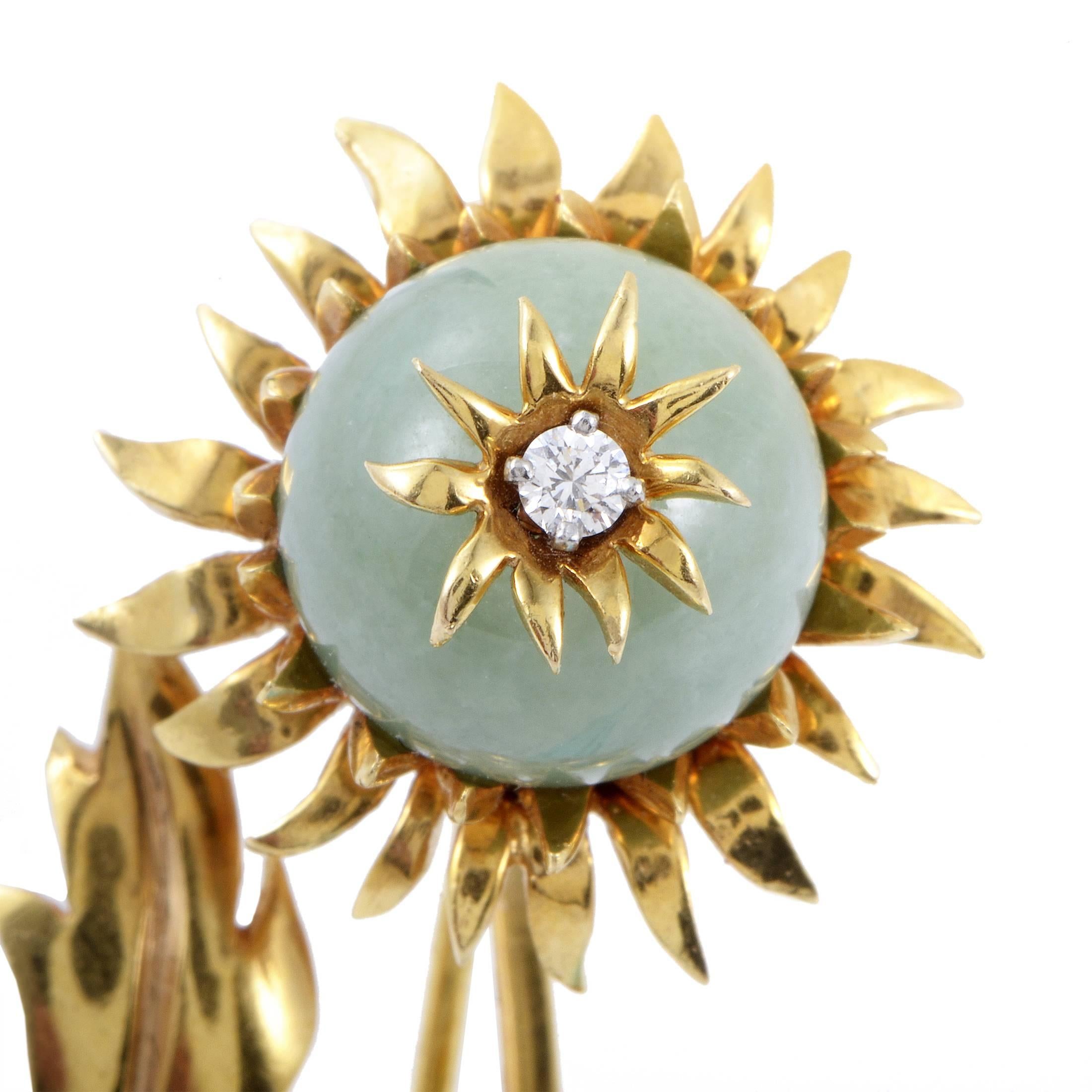 Brilliantly capturing the majestic beauty of a flower and translating it into a luxurious setting, this fascinating brooch designed by Jean Schlumberger for Tiffany & Co. is made of 18K yellow gold with a magnificent green jade and sparkling 0.08ct