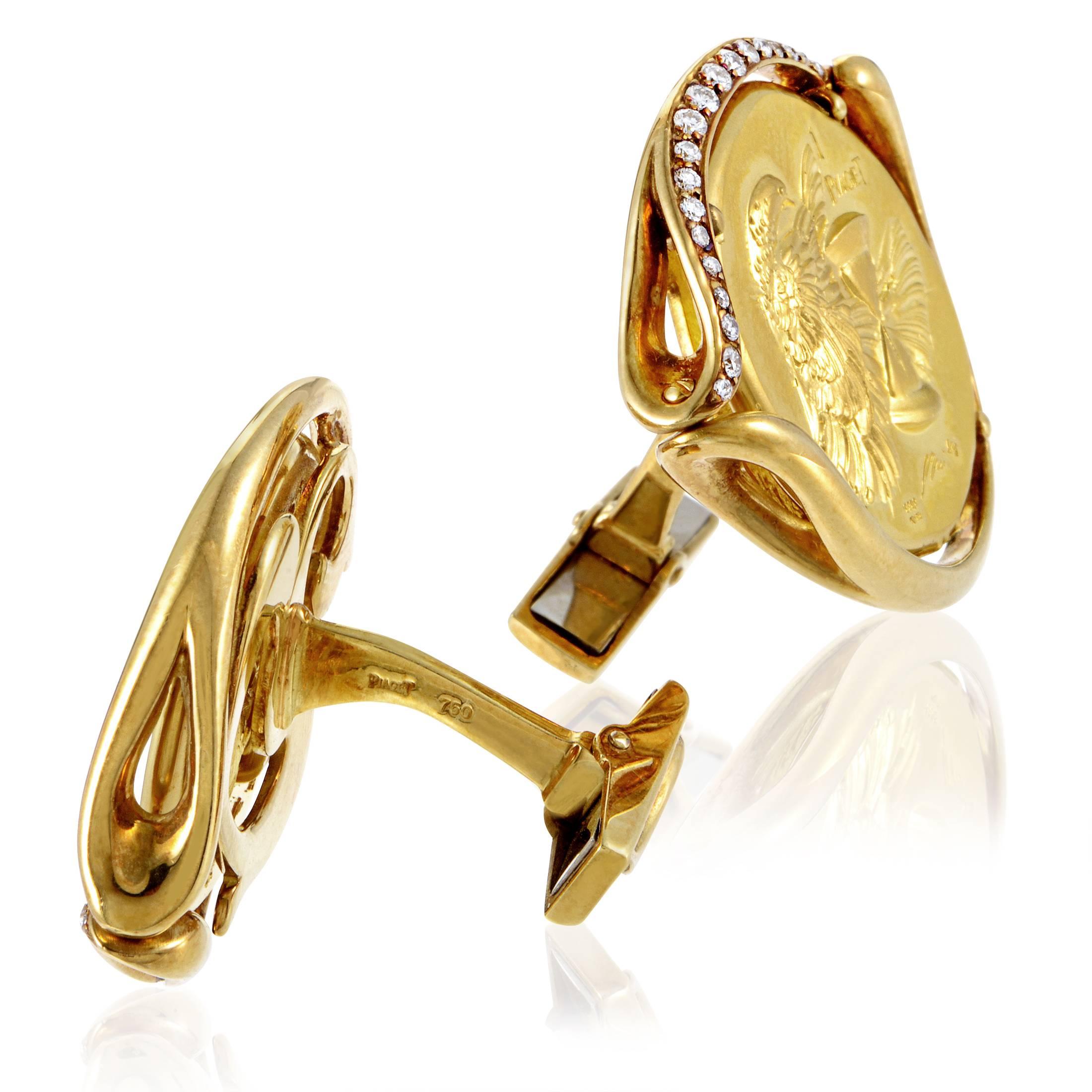 A magnificent prestigious blend of gleaming 18K yellow gold and fascinating 22K yellow gold is coupled with resplendent diamonds totaling 0.40ct in these exceptional cufflinks from Piaget that also boast intriguing artistic reliefs.