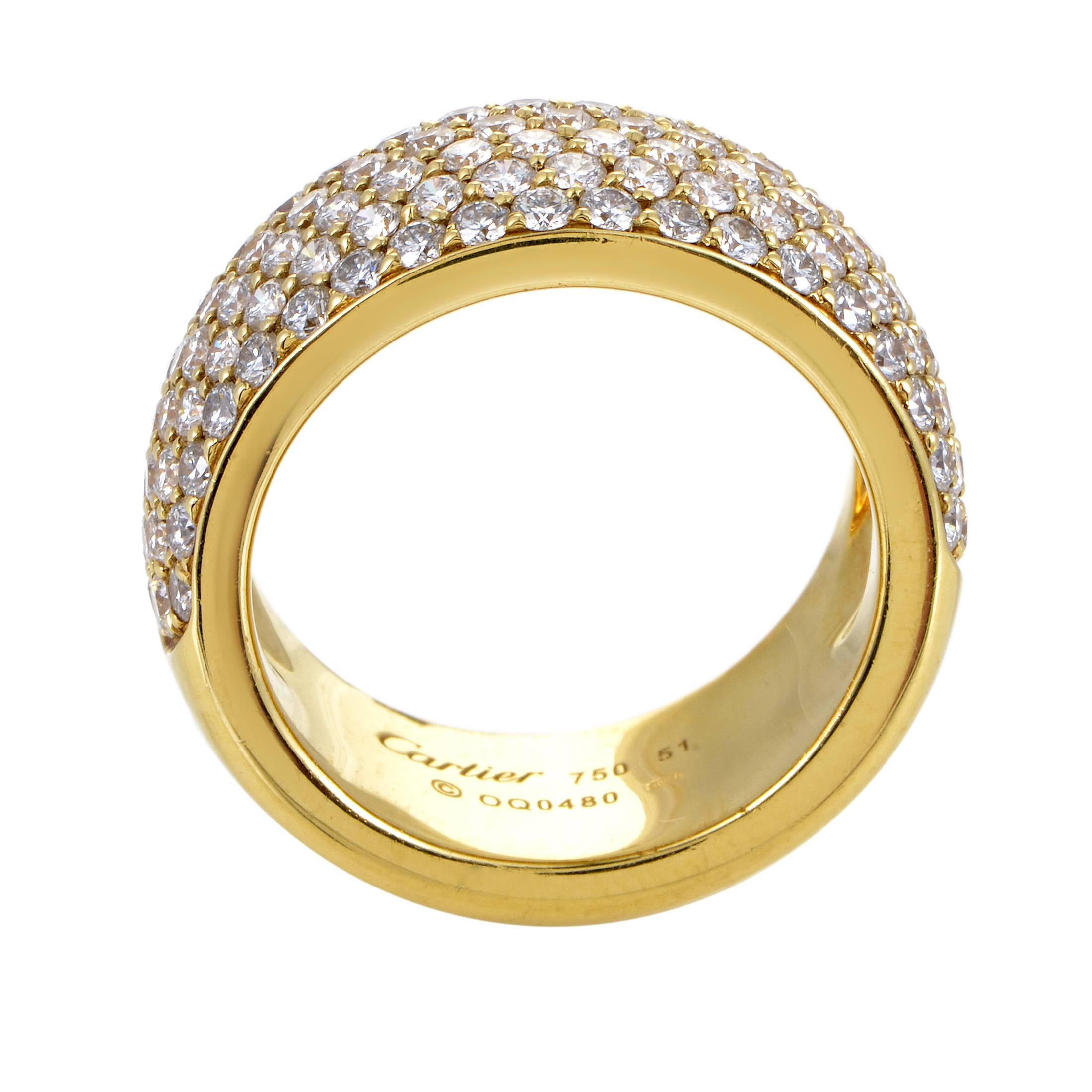Luscious, lavish, luxurious- this diamond paved ring from Cartier is the epitome of elegance. The ring is made of 18K yellow gold and is set with a pave of 1.50ct of white diamonds.
Band Thickness: 8 mm
Retail Price: $14,300.00 (Plus