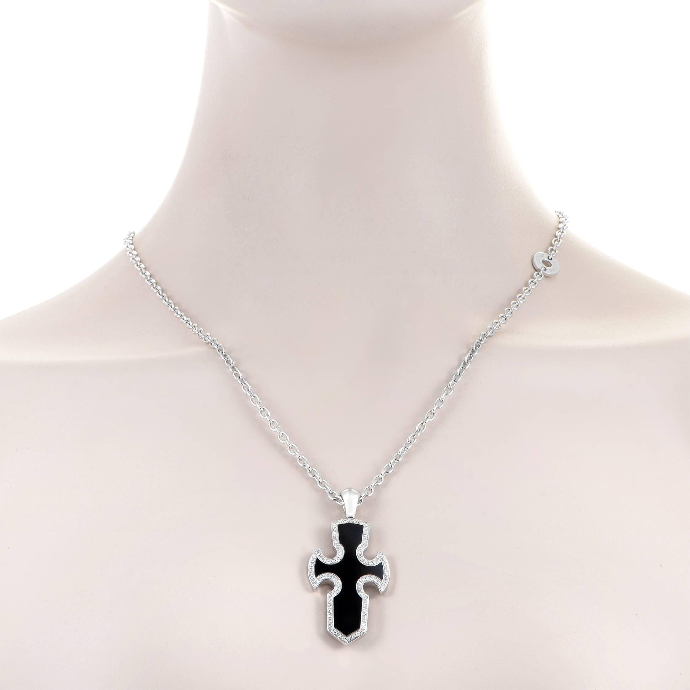 This pendant necklace from Gavello's Gotham collection is dark and edgy. The necklace is made of 18K white gold and boasts a cross-shaped pendant set with onyx and lined with 1ct of diamonds.
Pendant Dimensions: 2.00 x 1.00