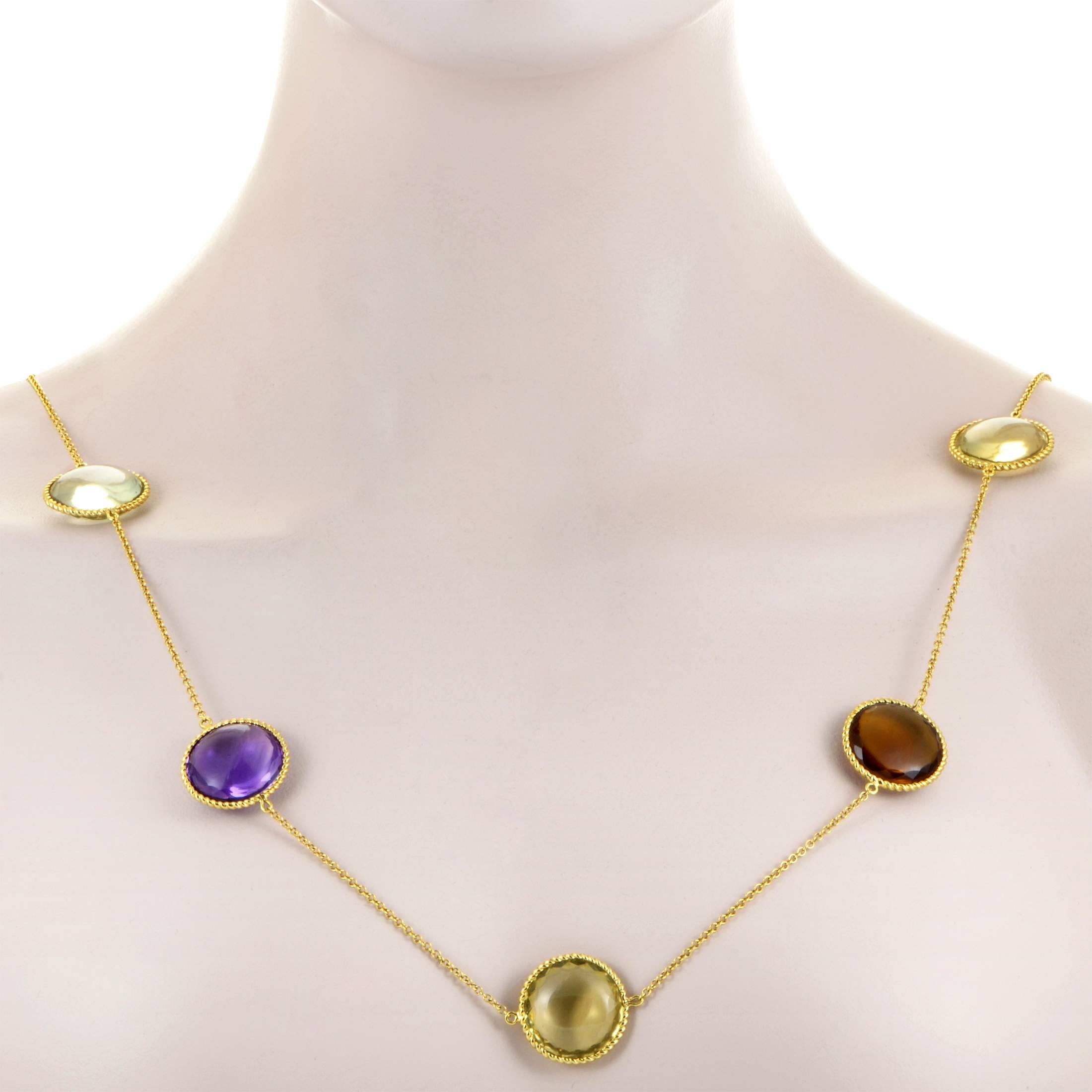 A gorgeous array of passionate semi-precious gemstones takes center stage in this lovely design from Roberto Coin's Ipanmea collection. Smoky topaz, amethyst, topaz, and citrine stones set in 18K yellow gold provide a gorgeous design for any lady.
