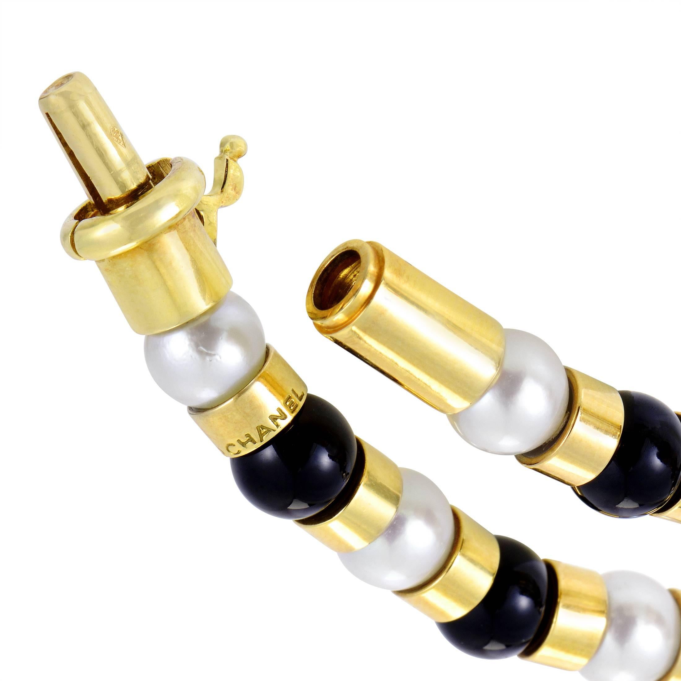 Chanel Yellow Gold Pearl and Onyx Bead Strand Necklace In Excellent Condition In Southampton, PA