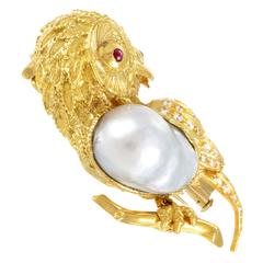 Yellow Gold Precious Gemstone and Pearl Owl Brooch