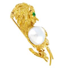 Yellow Gold Precious Gemstone and Mabe Pearl Owl Brooch