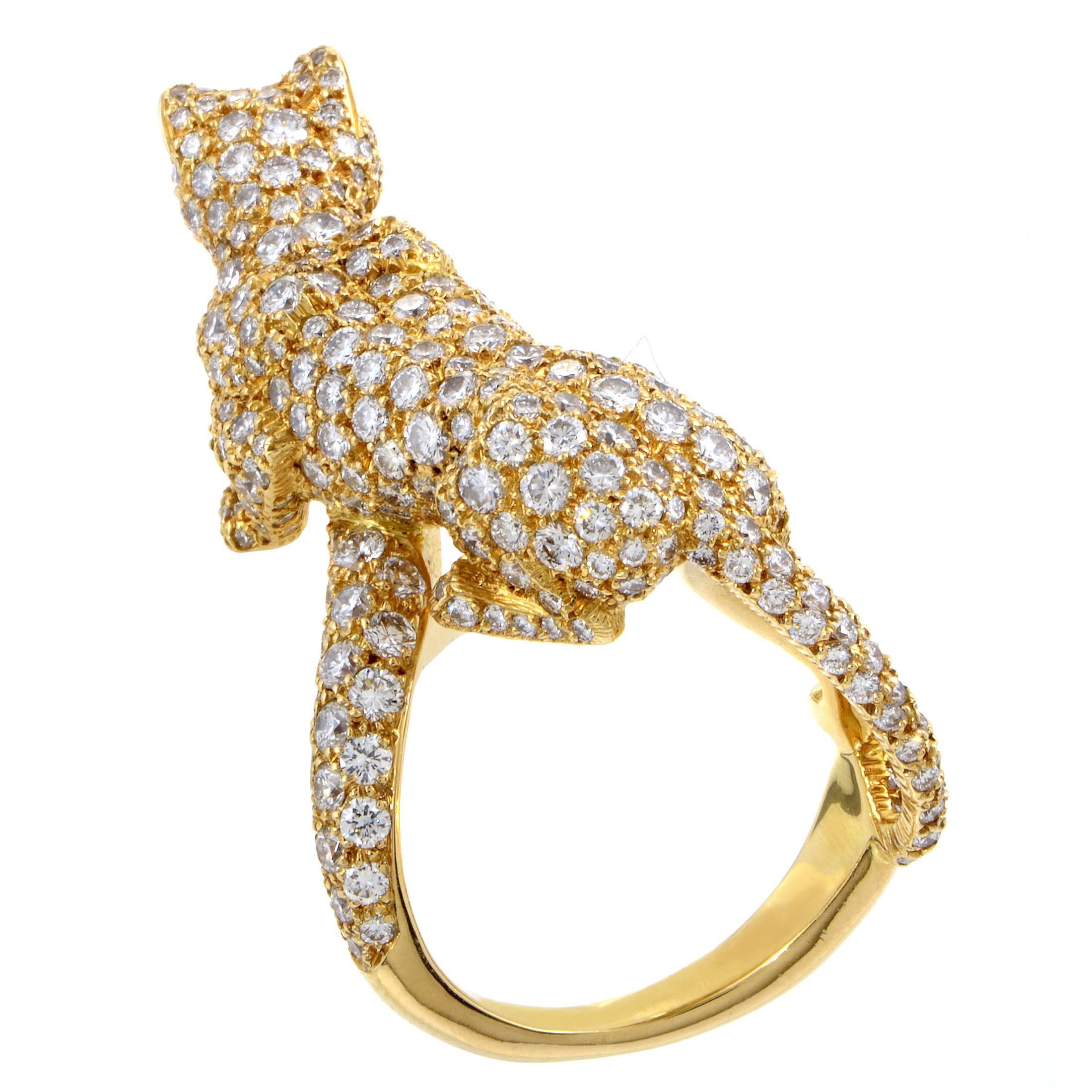 Presenting their highly regarded motif of a panther in glamorous style, Cartier created this fabulous ring where the majestic beast is crafted expertly from 18K yellow gold and embellished with F-color diamonds of VVS clarity totaling 3.30 carats as