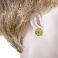 Ilias Lalaounis Yellow Gold Ruby and Rice Pearl Disc Earrings