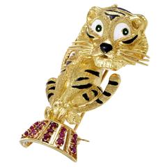 Enameled Yellow Gold and Ruby Circus Tiger Brooch