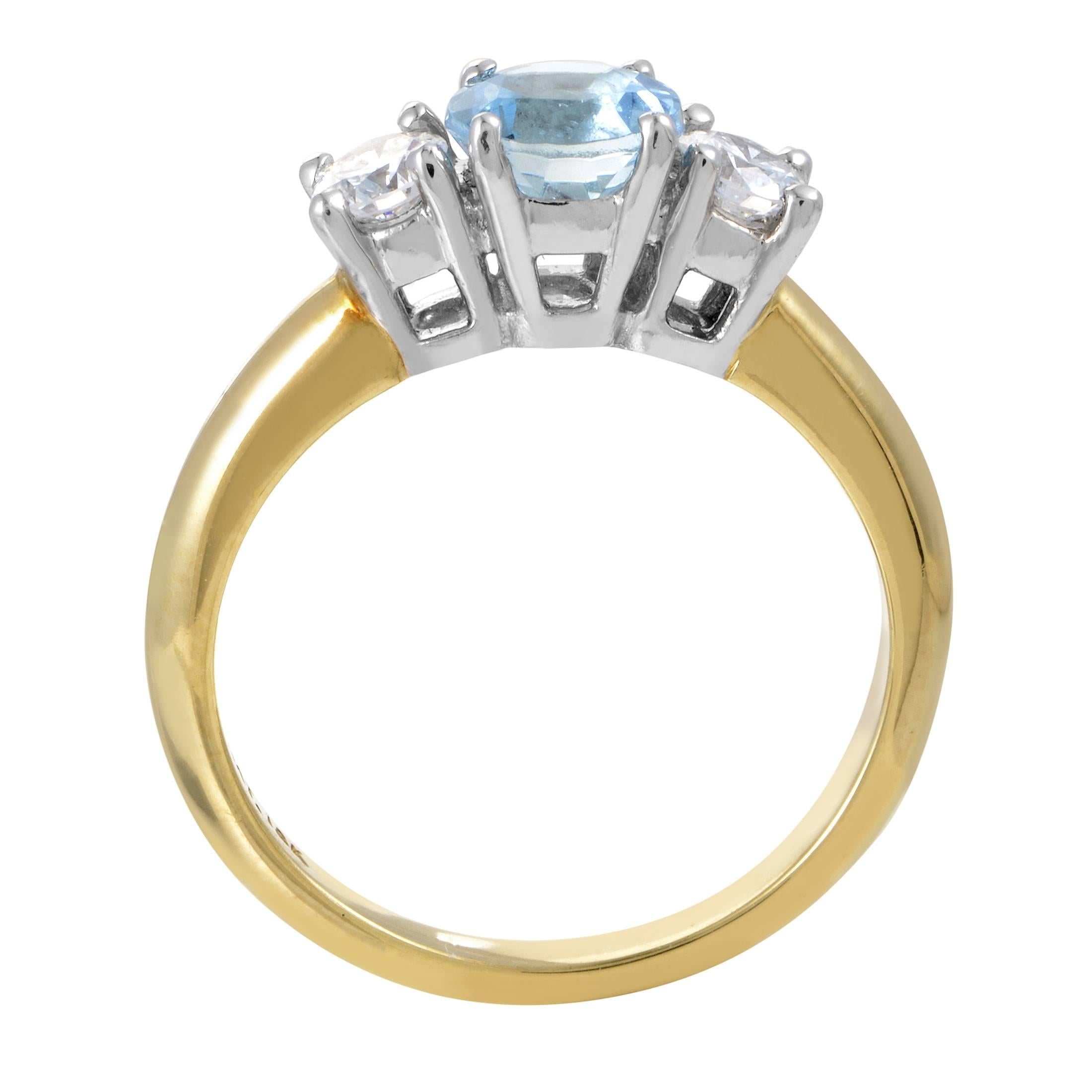 Provided tasteful contrast and excellent emphasis by the warm backdrop of radiant 18K yellow gold, the stunning aquamarine and lustrous diamonds amounting to 0.35ct are set upon gleaming platinum in this remarkable engagement ring from Tiffany &
