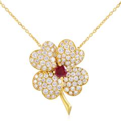Van Cleef & Arpels Cosmos Yellow Gold Diamond and Ruby Pendant Necklace and Ring