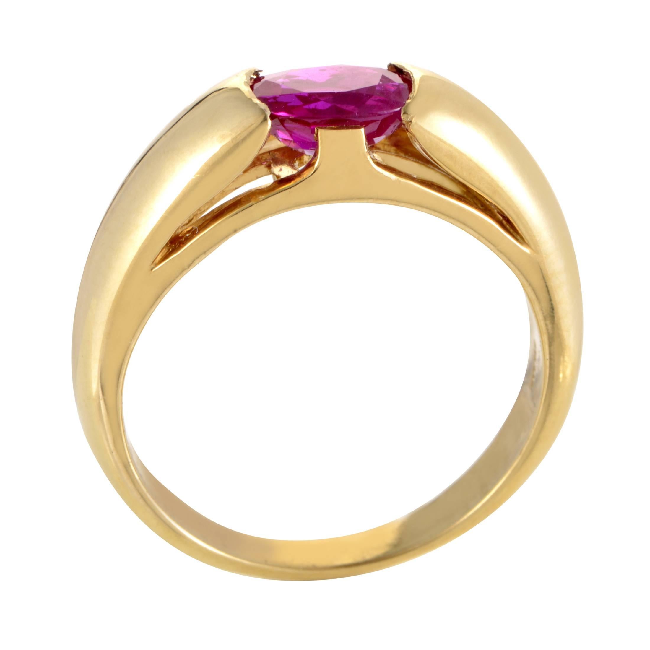Exuding sophisticated elegance and prestigious excellence through its gracefully smooth shape and immaculate finish, this stunning ring from Bulgari is made of radiant 18K yellow gold and adorned with a charming ruby weighing approximately 1.50
