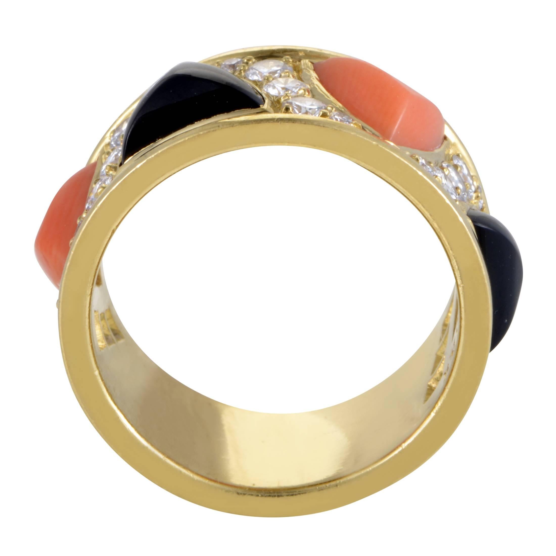 A tasteful and compelling blend of diverse colors and precious materials, this outstanding 18K yellow gold band from Bvlgari boasts the pastel coral stones, stunning onyx stones and lustrous diamonds amounting to 0.65ct for an enchanting