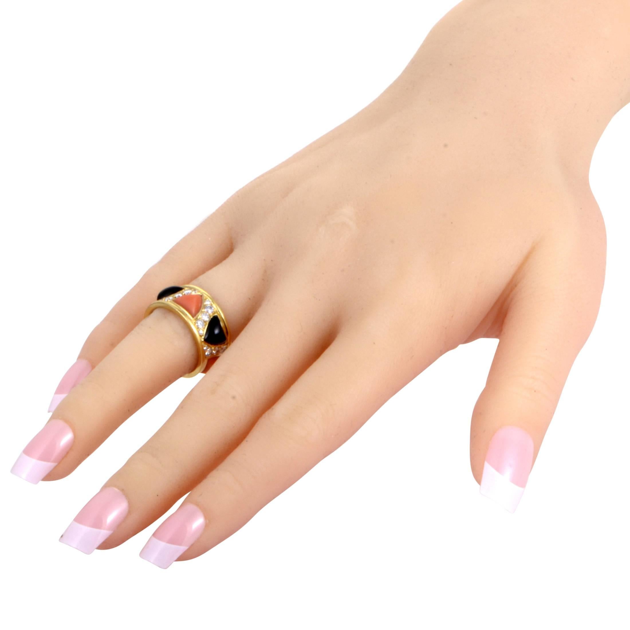 Women's Bulgari Yellow Gold Diamond Pave Onyx and Coral Band Ring