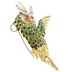 Enameled Multi-Tone Gold Diamond and Ruby Owl Brooch