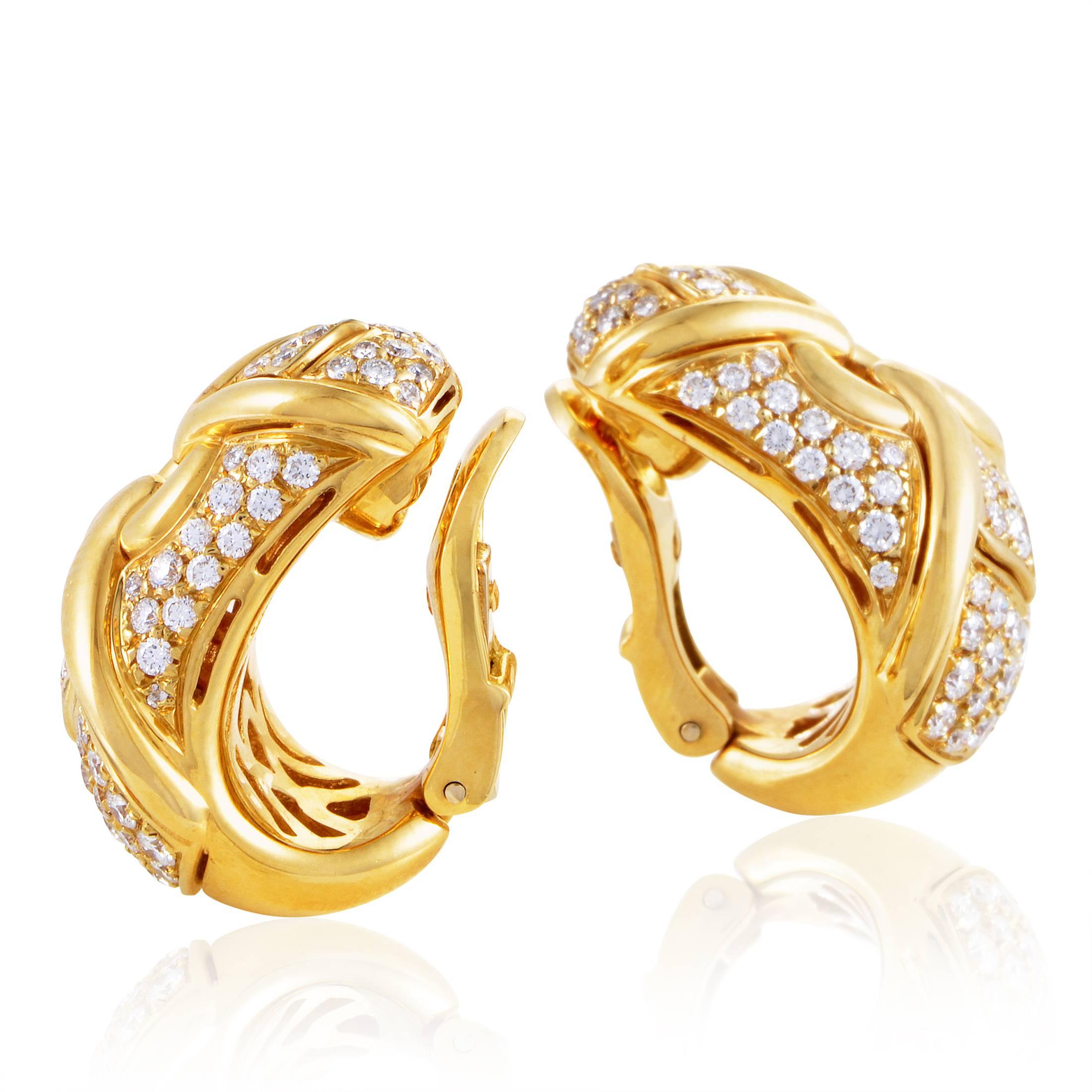 Bulgari Trika Yellow Gold Diamond Pave Clip-on Earrings In Excellent Condition In Southampton, PA