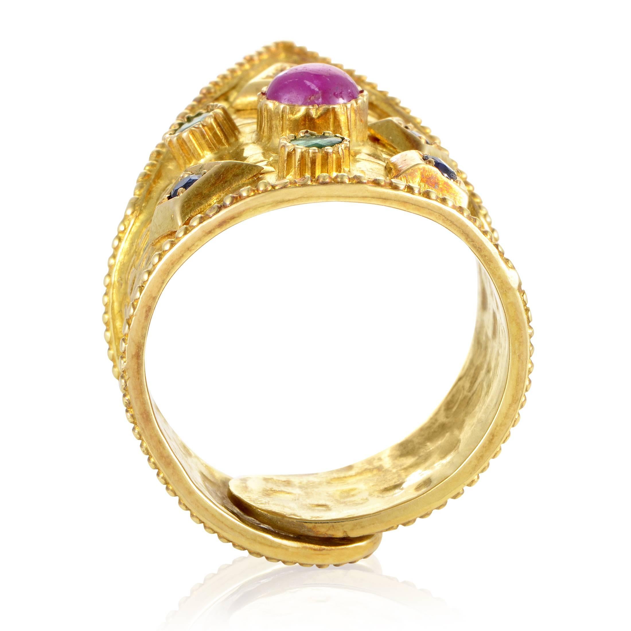 Creating a compelling aura of antique luxury and ancient beauty, this outstanding ring from Ilias Lalaounis is made of 18K yellow gold and adorned with a precious ruby, stunning sapphires and splendid emeralds for a tasteful appearance.
Ring Size: