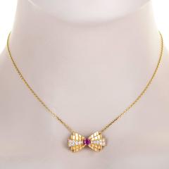 Van Cleef & Arpels Yellow Gold Diamond and Ruby Bow Brooch Pendant Necklace