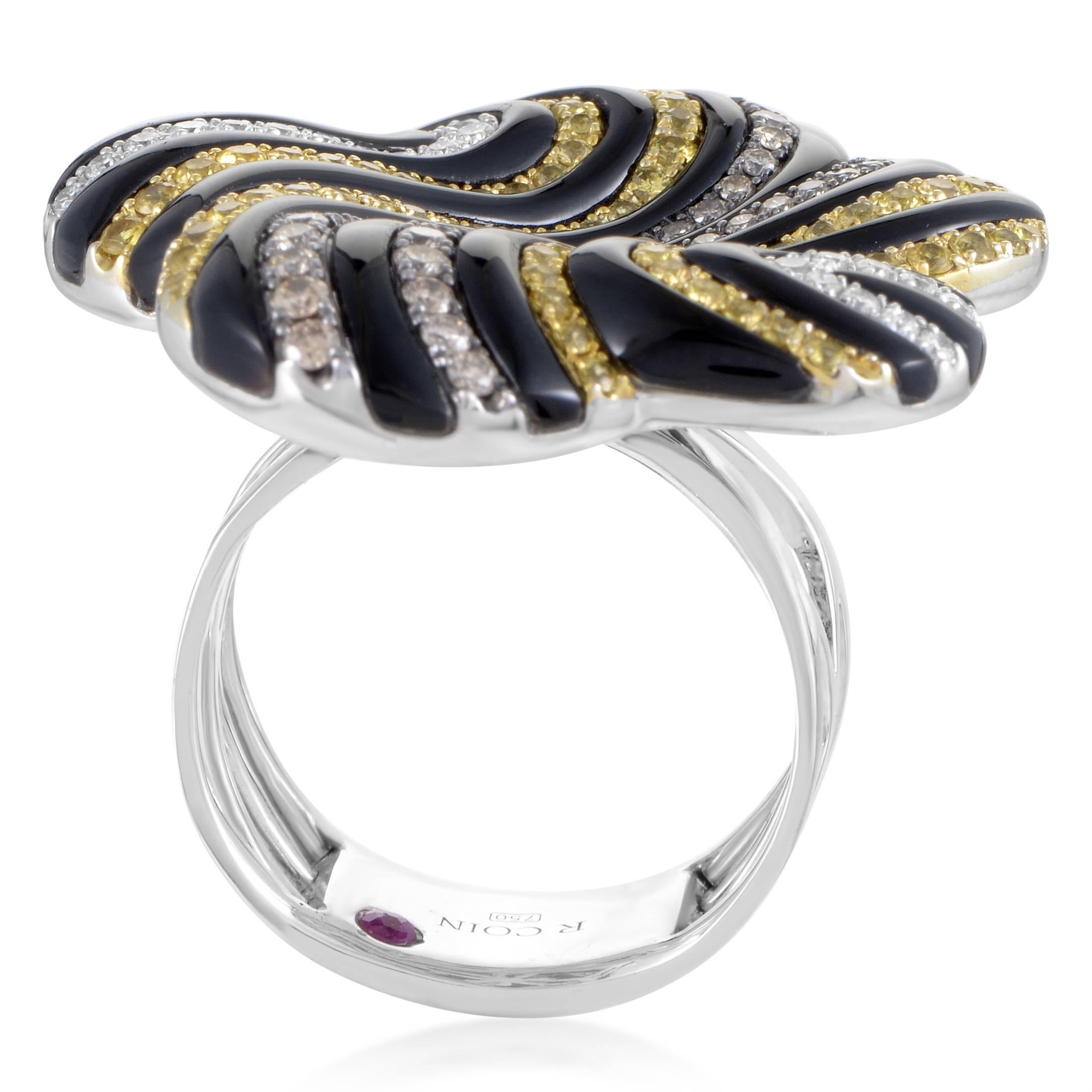 A truly amazing sight produced by a hypnotic arrangement of gems against a contrasting black background, this majestic 18K white gold ring from Roberto Coin boasts glistening white diamonds, nifty brown diamonds and exuberant yellow sapphires for a
