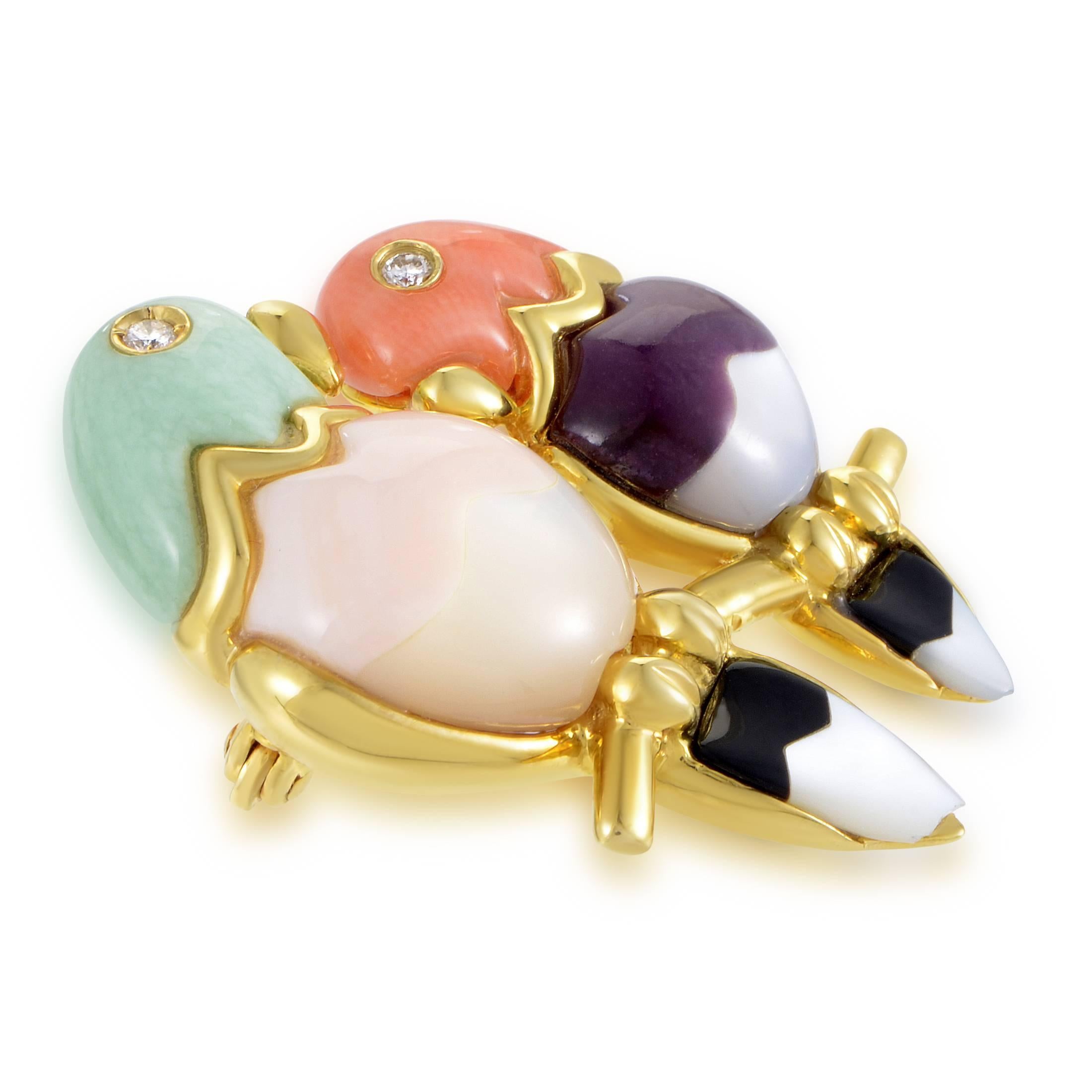 Vivid colors and tender nature of this wonderful brooch from Asch Grossbart brilliantly depict the beauty of birds, with the marvelous combination of delightful mother of pearl, adorable coral, splendid green jade and stunning onyx stones placed