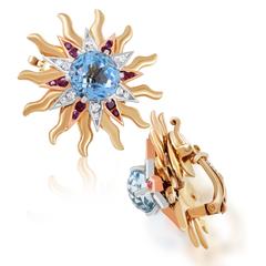 Cartier Diamond Ruby Aquamarine Multi-Tone Gold Clip-on Earrings