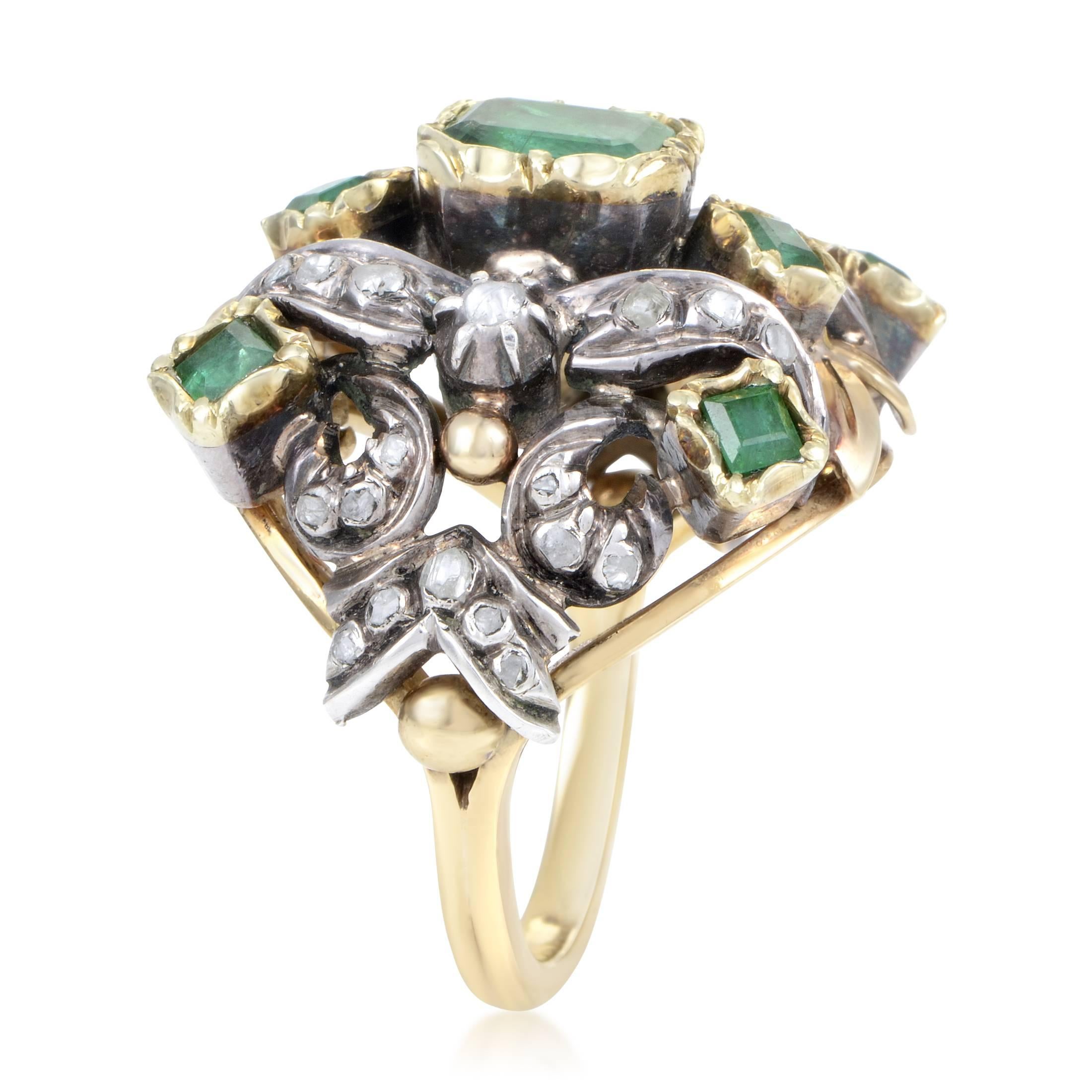 Antique Diamond Emerald Yellow Gold Silver Cocktail Ring In Excellent Condition In Southampton, PA