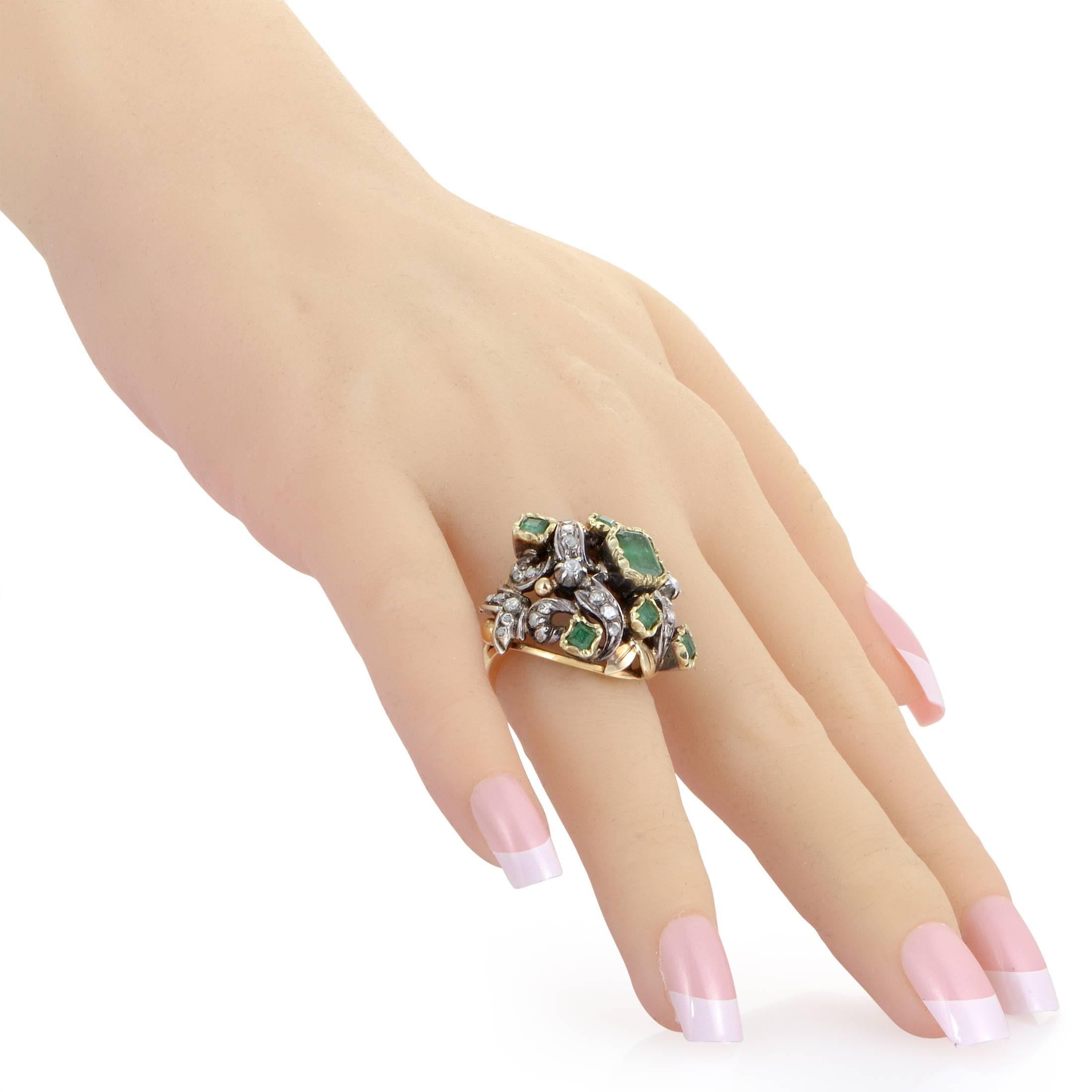 Women's Antique Diamond Emerald Yellow Gold Silver Cocktail Ring