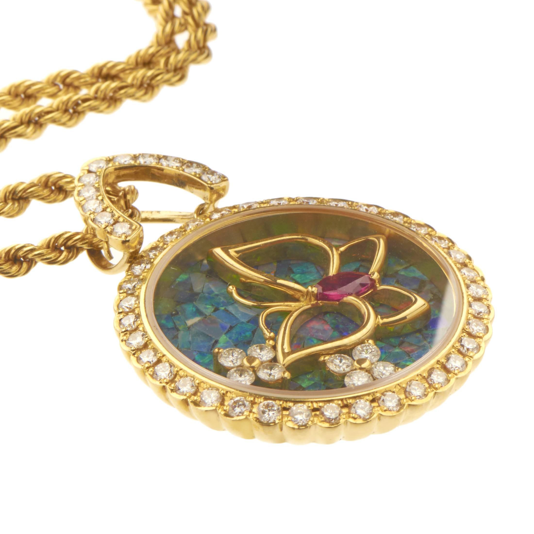 Waltham Diamond Ruby Opal Yellow Gold Pendant Necklace In Excellent Condition In Southampton, PA