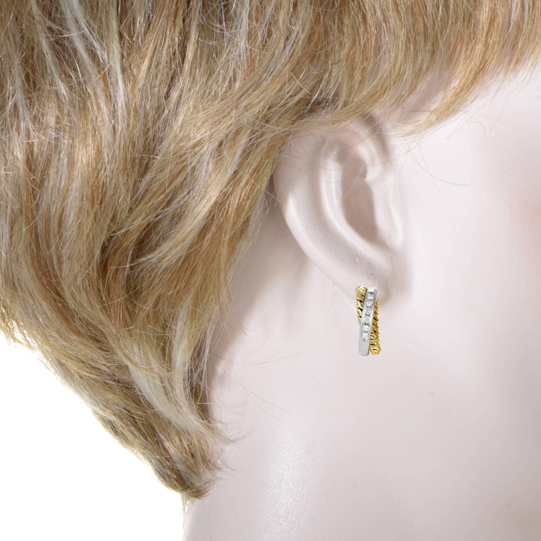 Embellished with resplendent diamonds weighing in total 0.45ct and boasting a spotless gleam, the 18K white gold is combined in this fascinating pair of earrings from Pomellato with fantastically textured 18K yellow gold for an intriguing