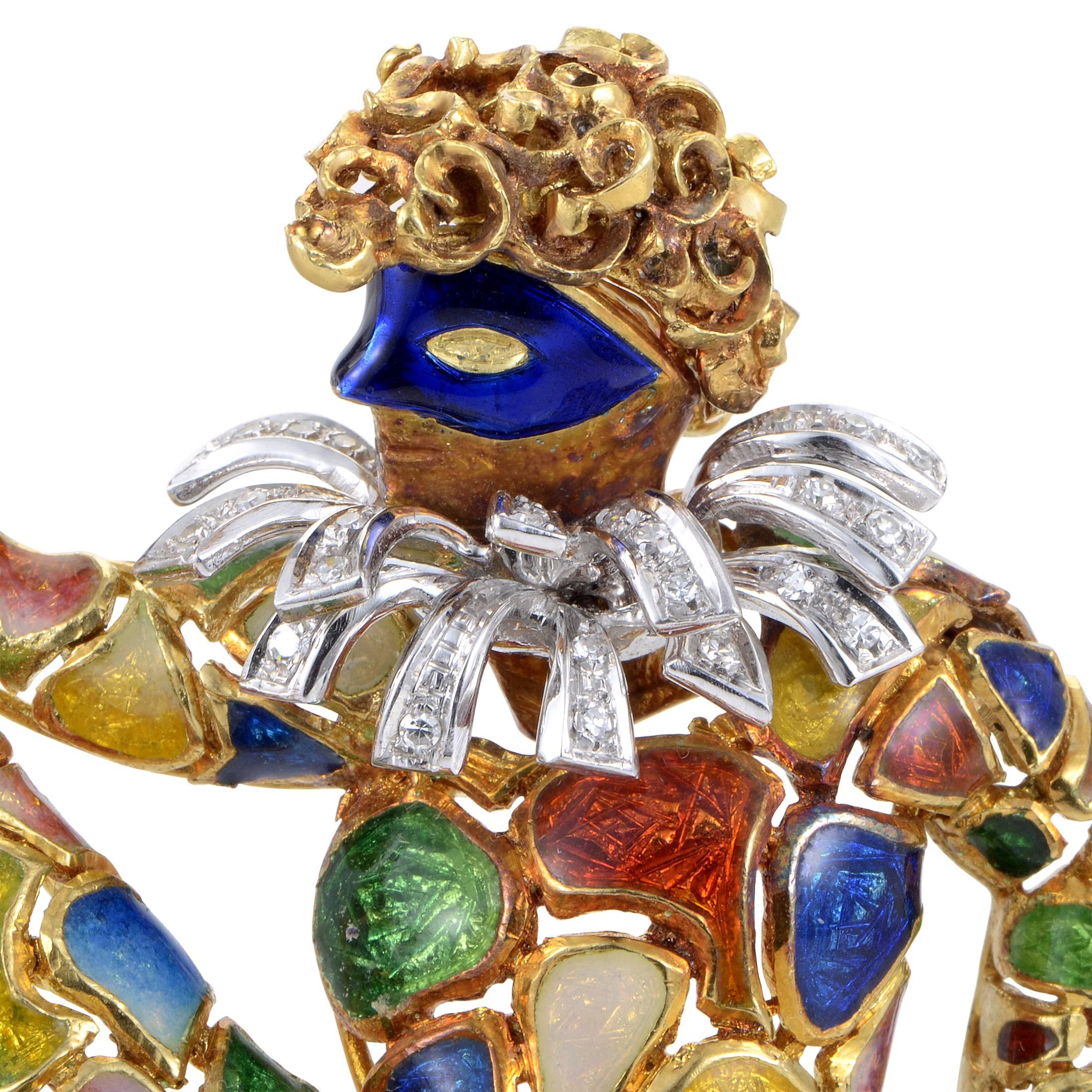 A tantalizing figure of eye-catching exuberance is presented in a prestigious blend of 18K yellow and white gold while lustrous diamonds and vivaciously colorful enamel bring this fascinating pin to life in glorious fashion.