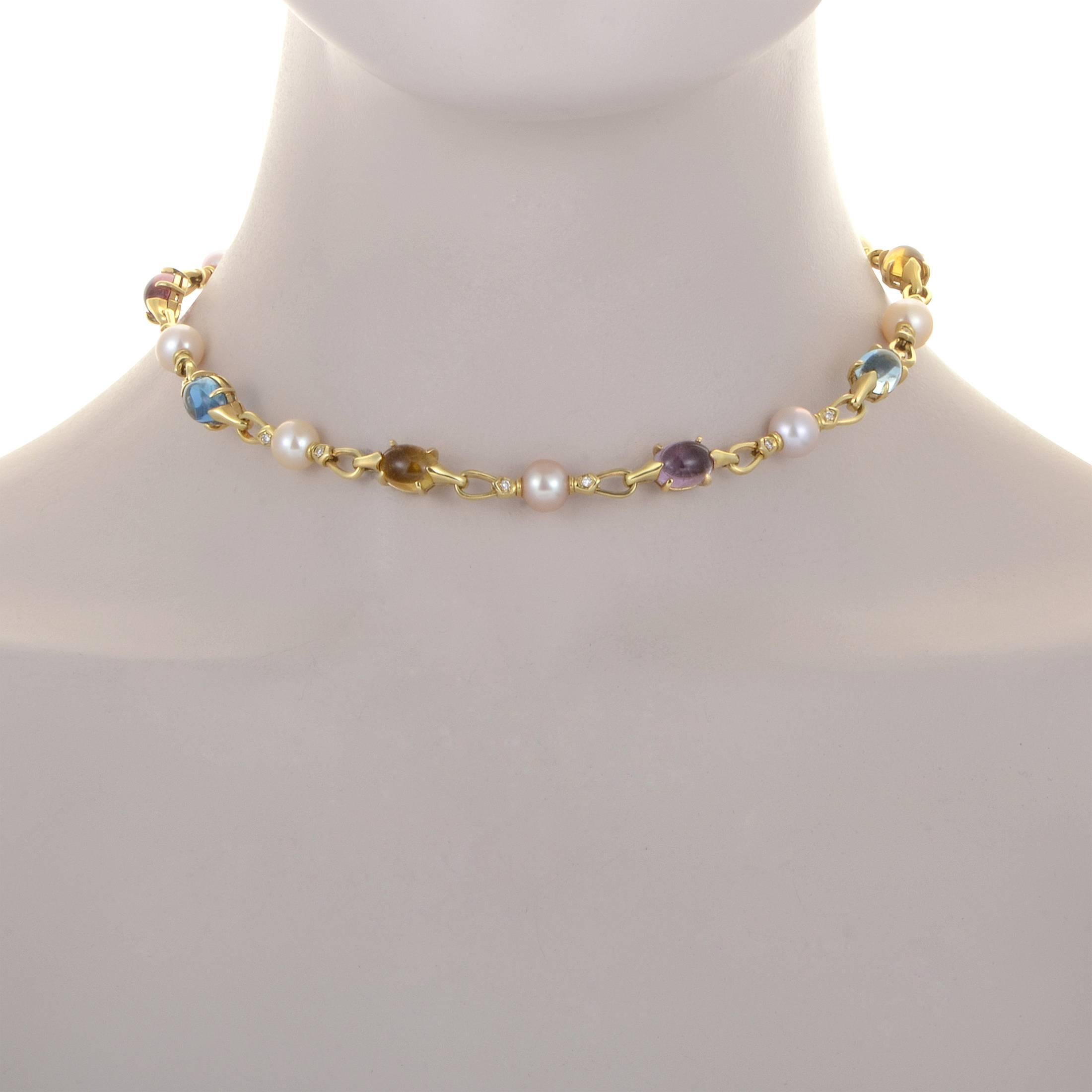 Lined along the radiant 18K yellow gold chain and producing a lively and charming sight, the resplendent diamonds, delightful pearls and joyful multicolored gems grace this gorgeous necklace from Bulgari with irresistible allure.
Included Items: