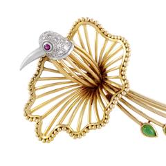 Gemstone Diamond Gold Platinum Floral Bird Brooch